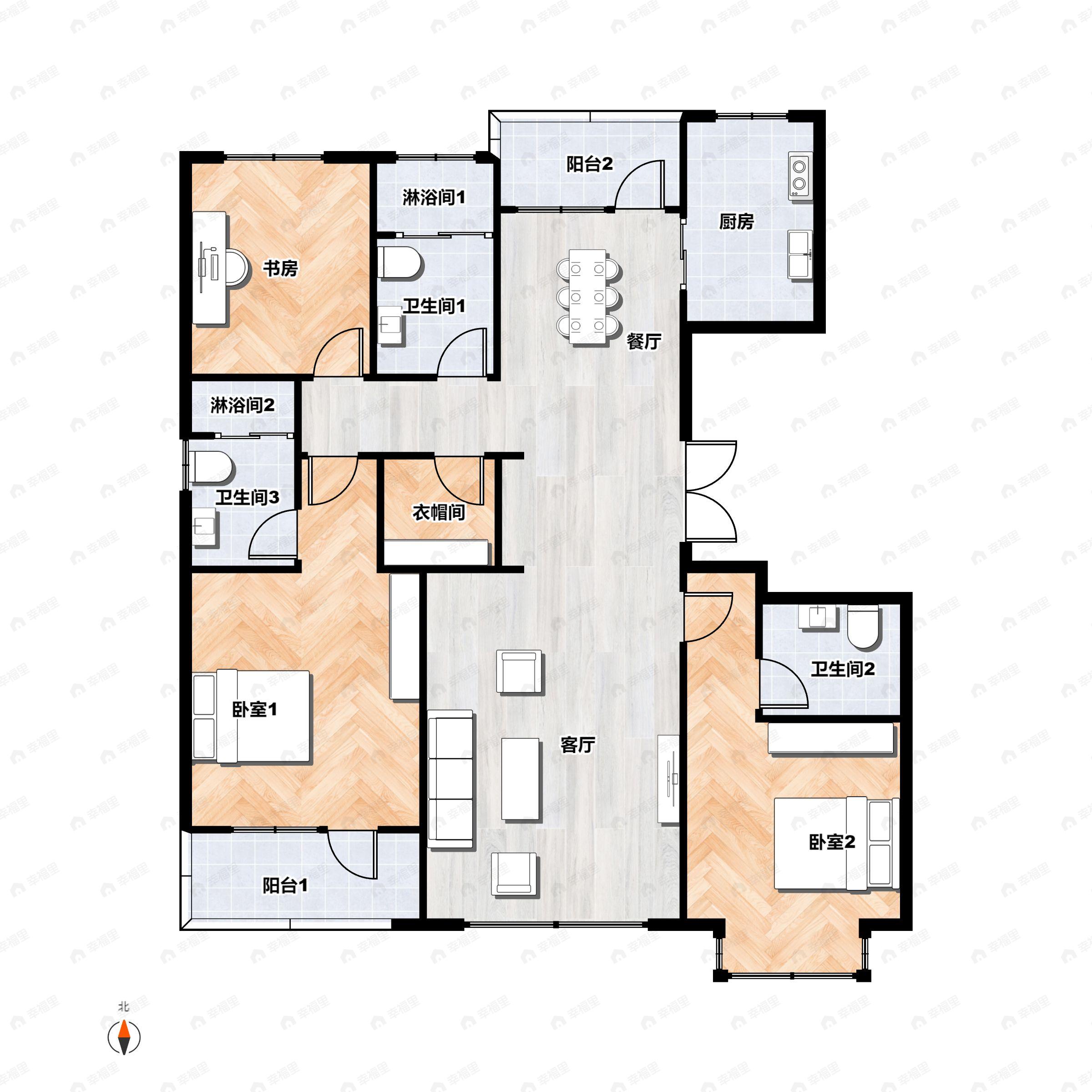 3室2厅3卫建面168平南|北户型图