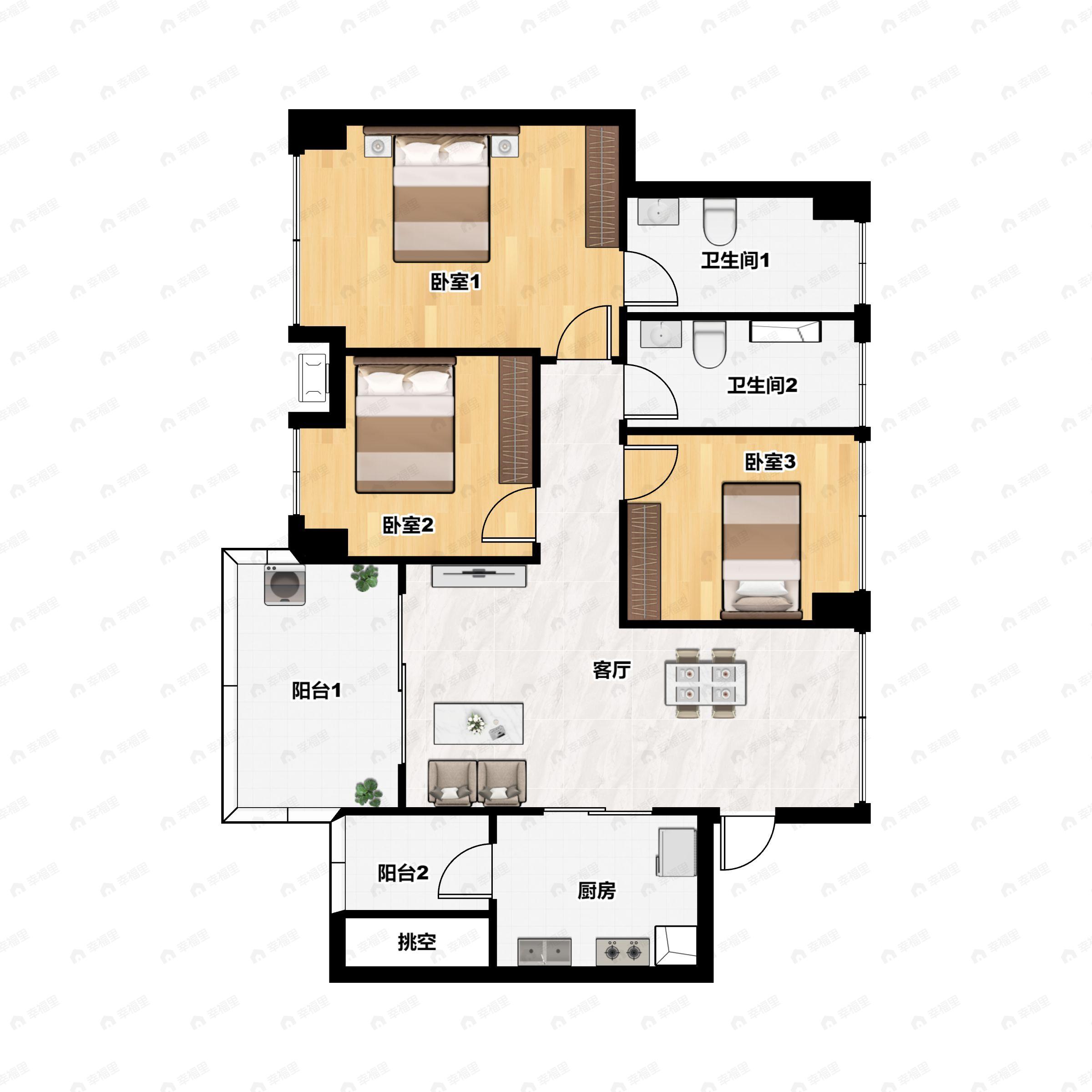 3室2厅2卫建面100平户型图