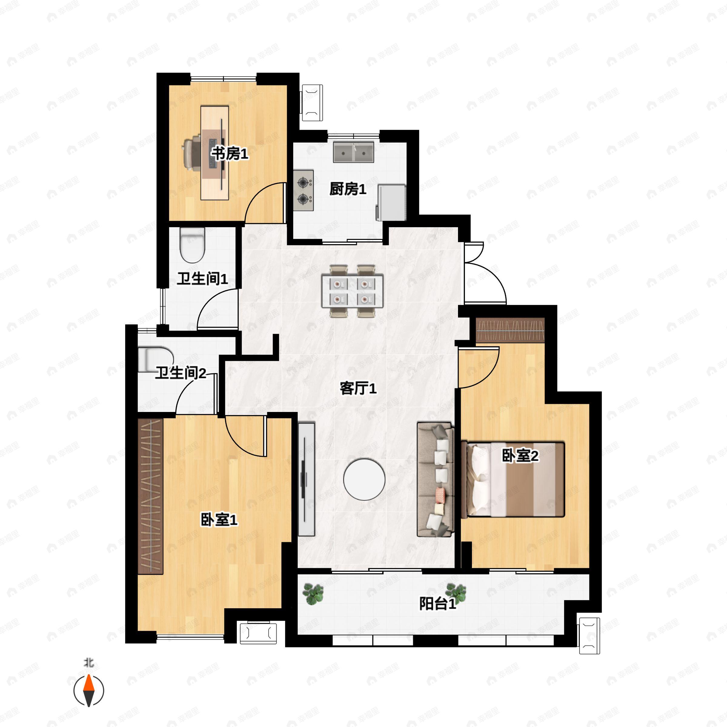 3室2厅2卫建面110m²南户型图
