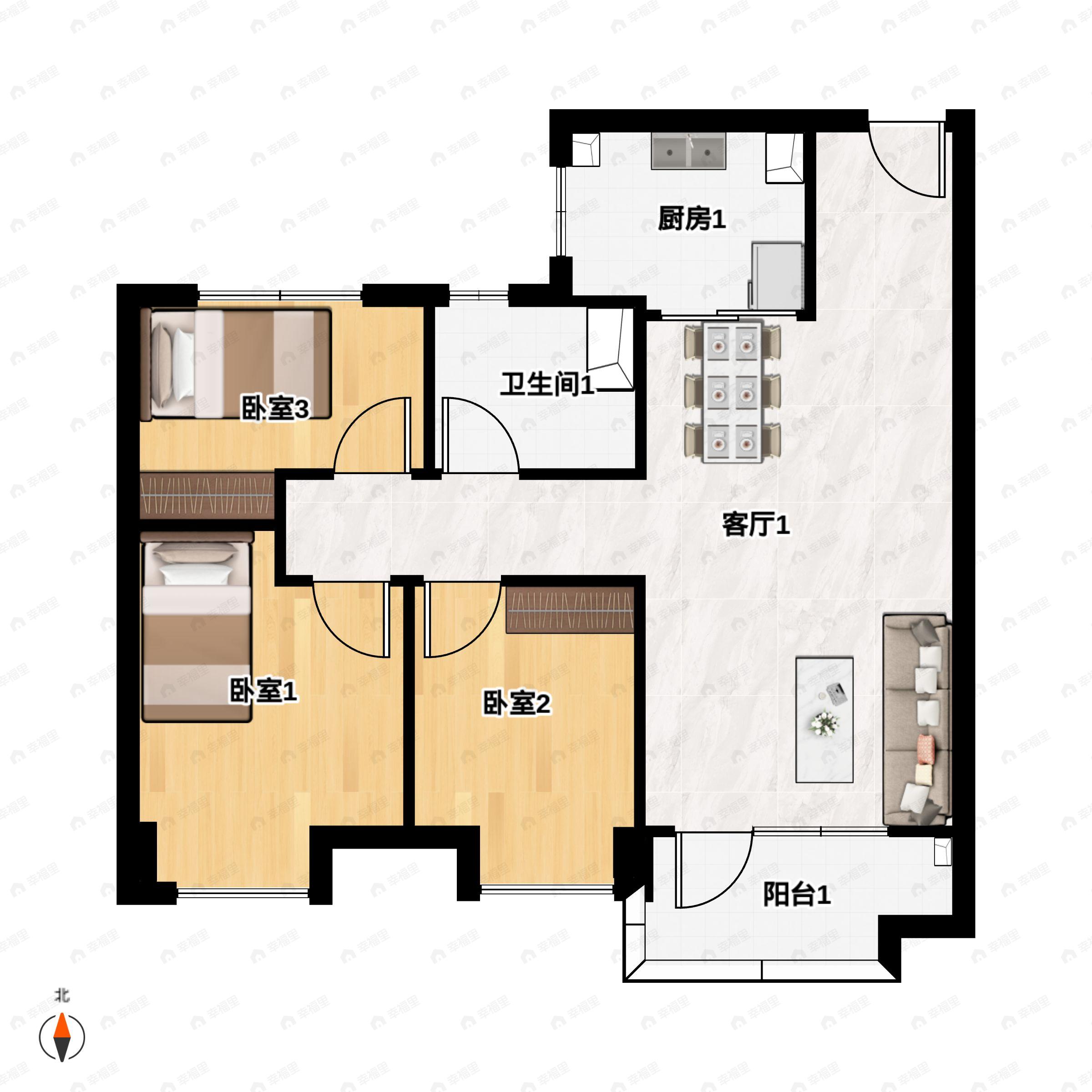3室2厅1卫建面89平北|南户型图