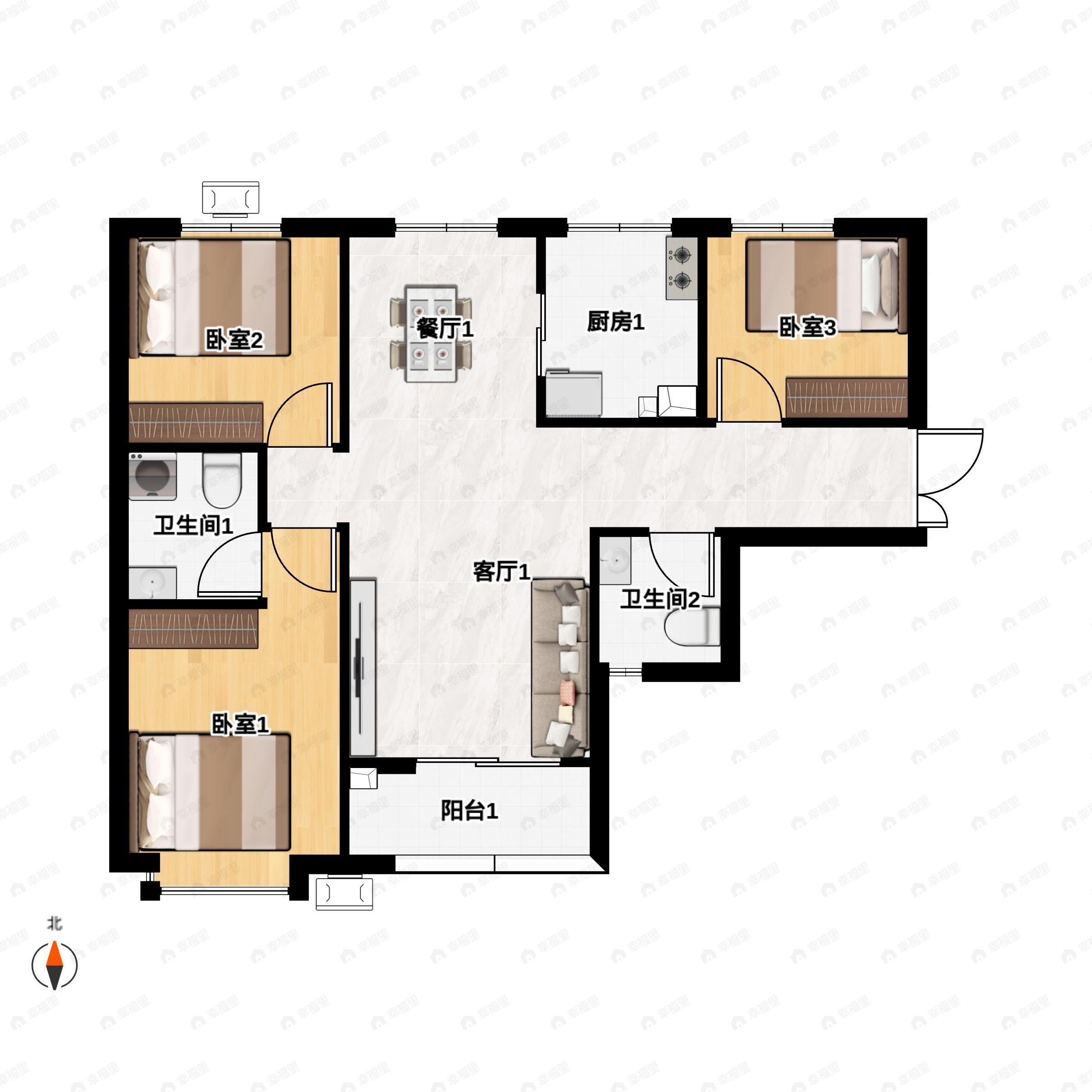 3室2厅2卫建面110平南户型图