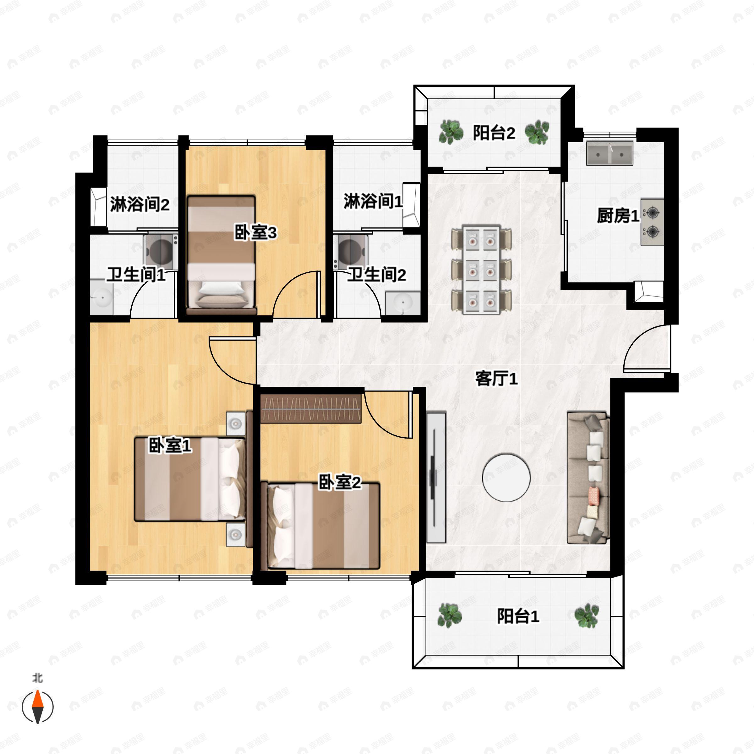3室2厅2卫建面99m²北户型图