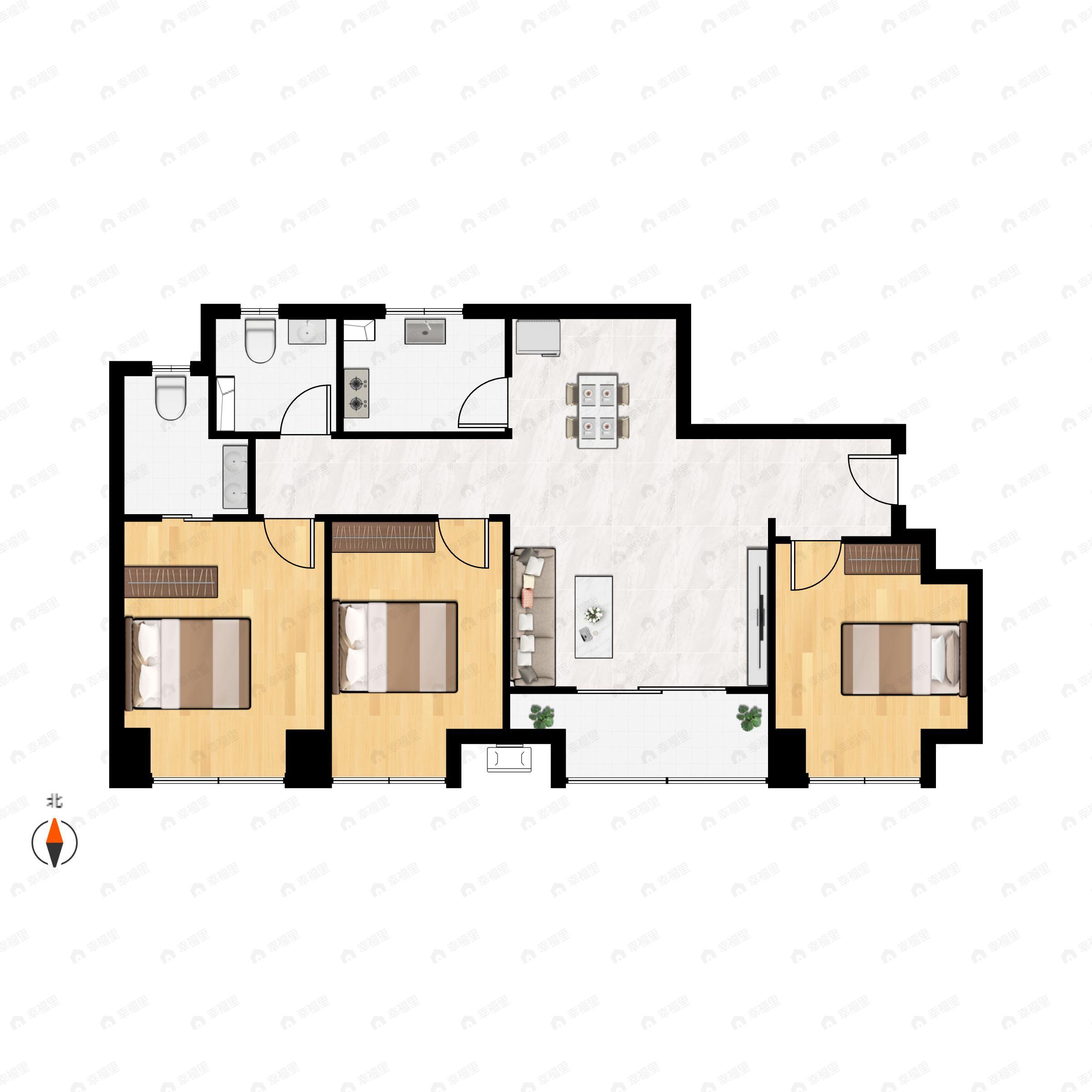 3室2厅2卫建面91m²东户型图