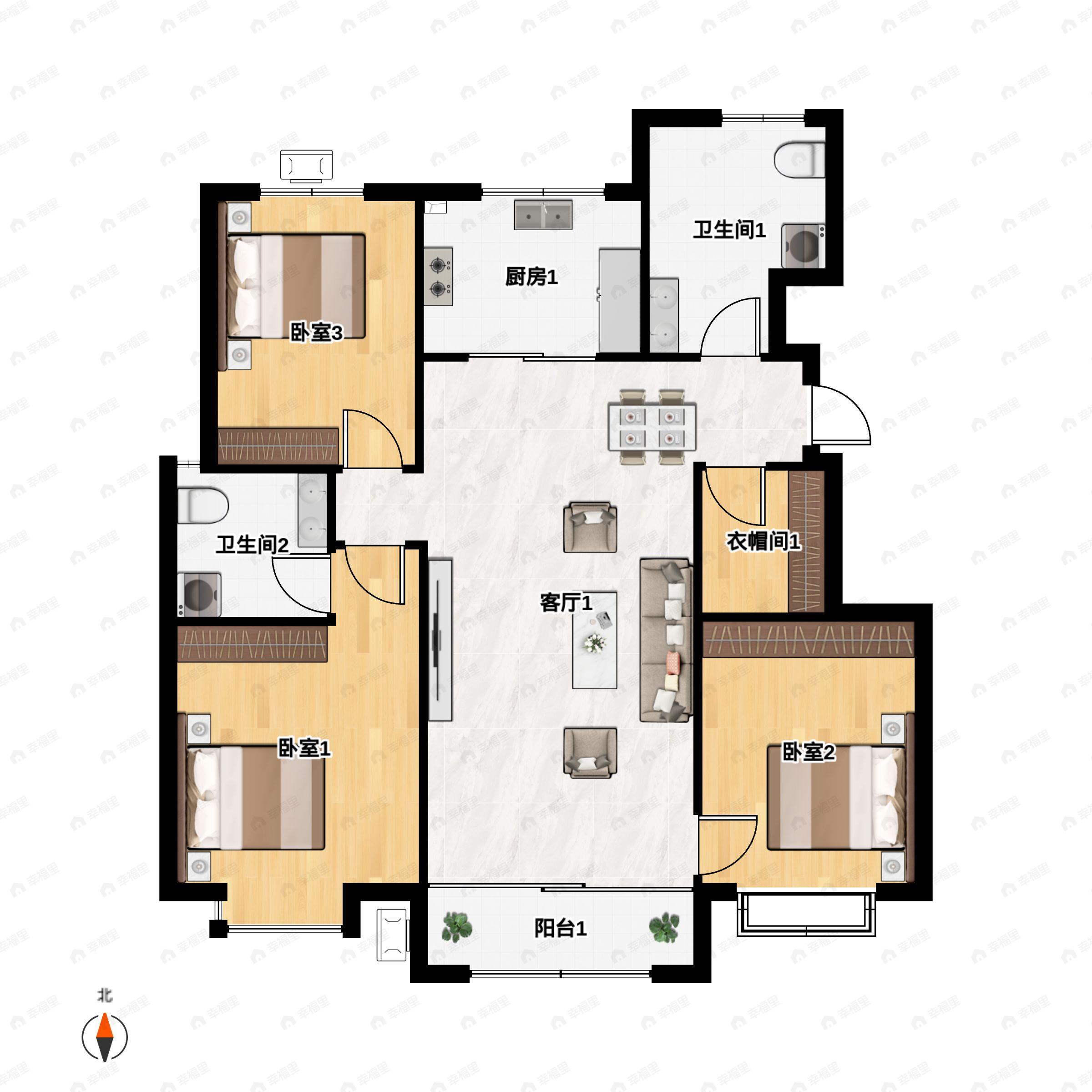 3室2厅2卫建面128平户型图