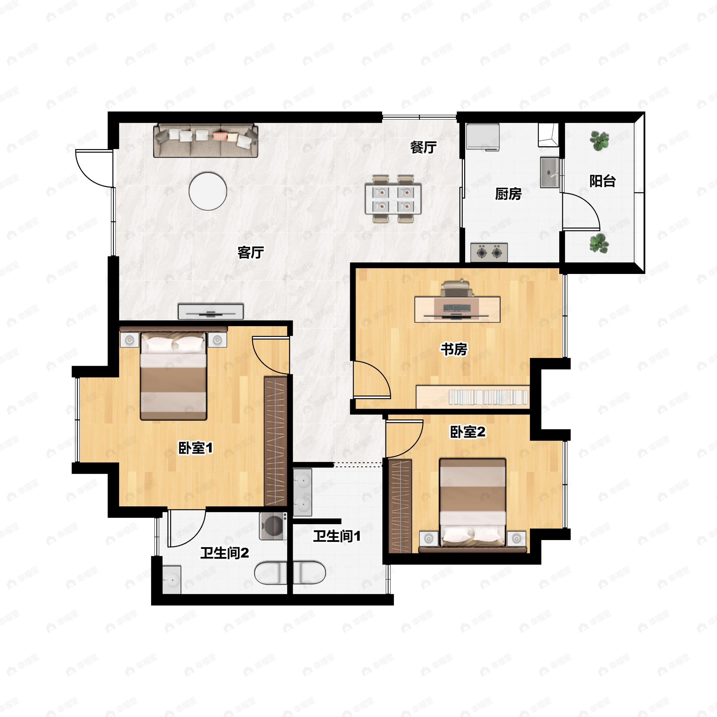 3室2厅2卫建面106平户型图
