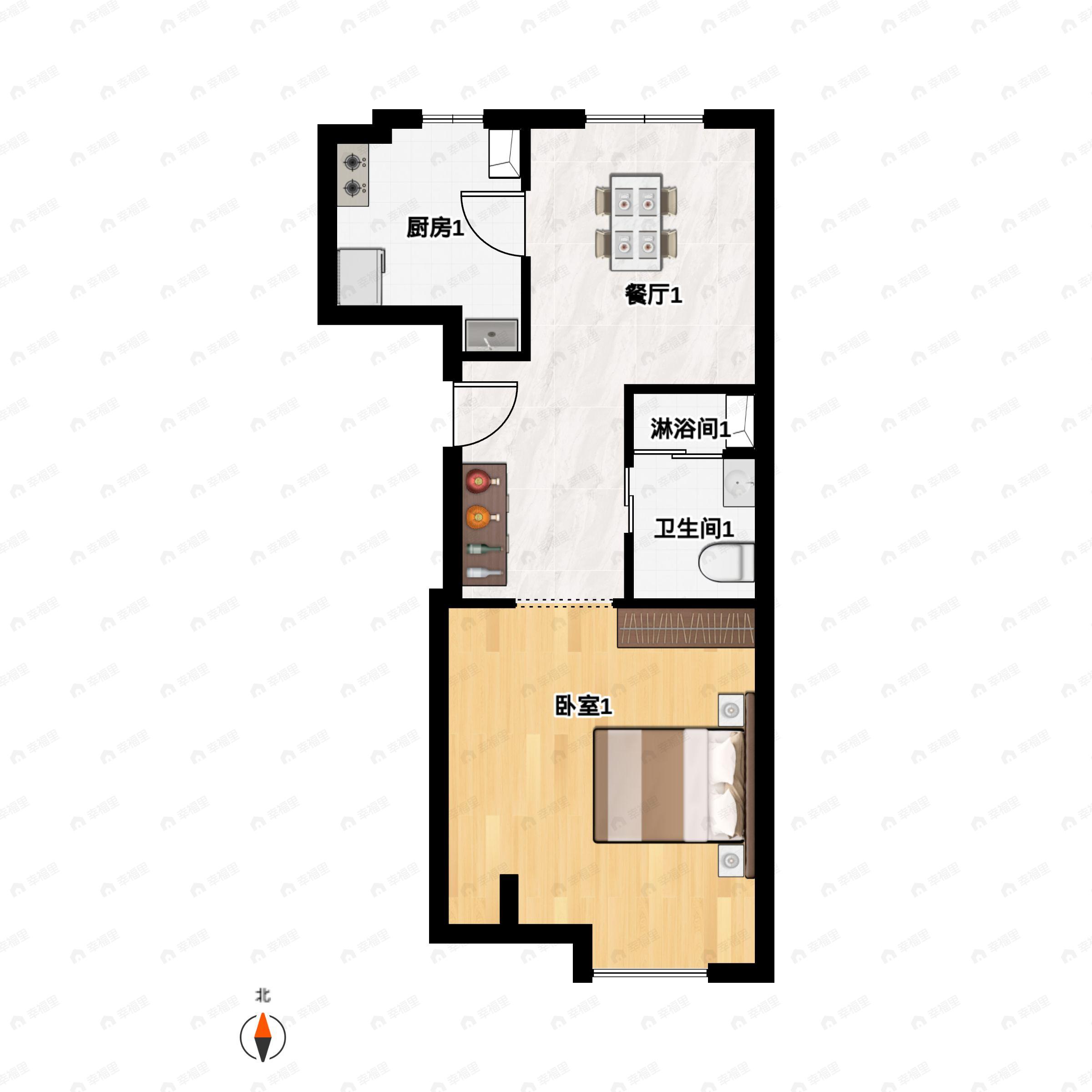 1室2厅1卫建面55平户型图
