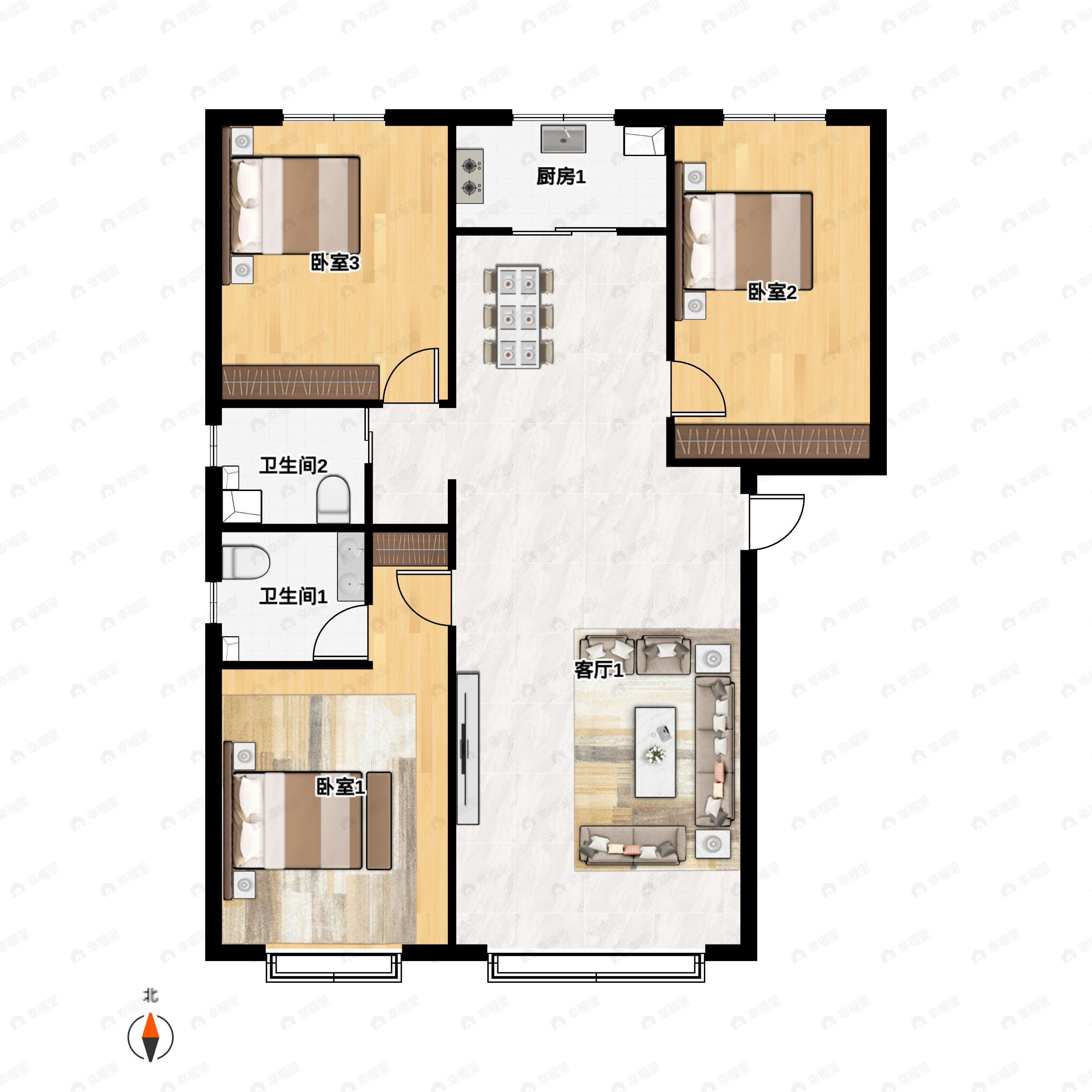 3室2厅2卫建面138平南户型图