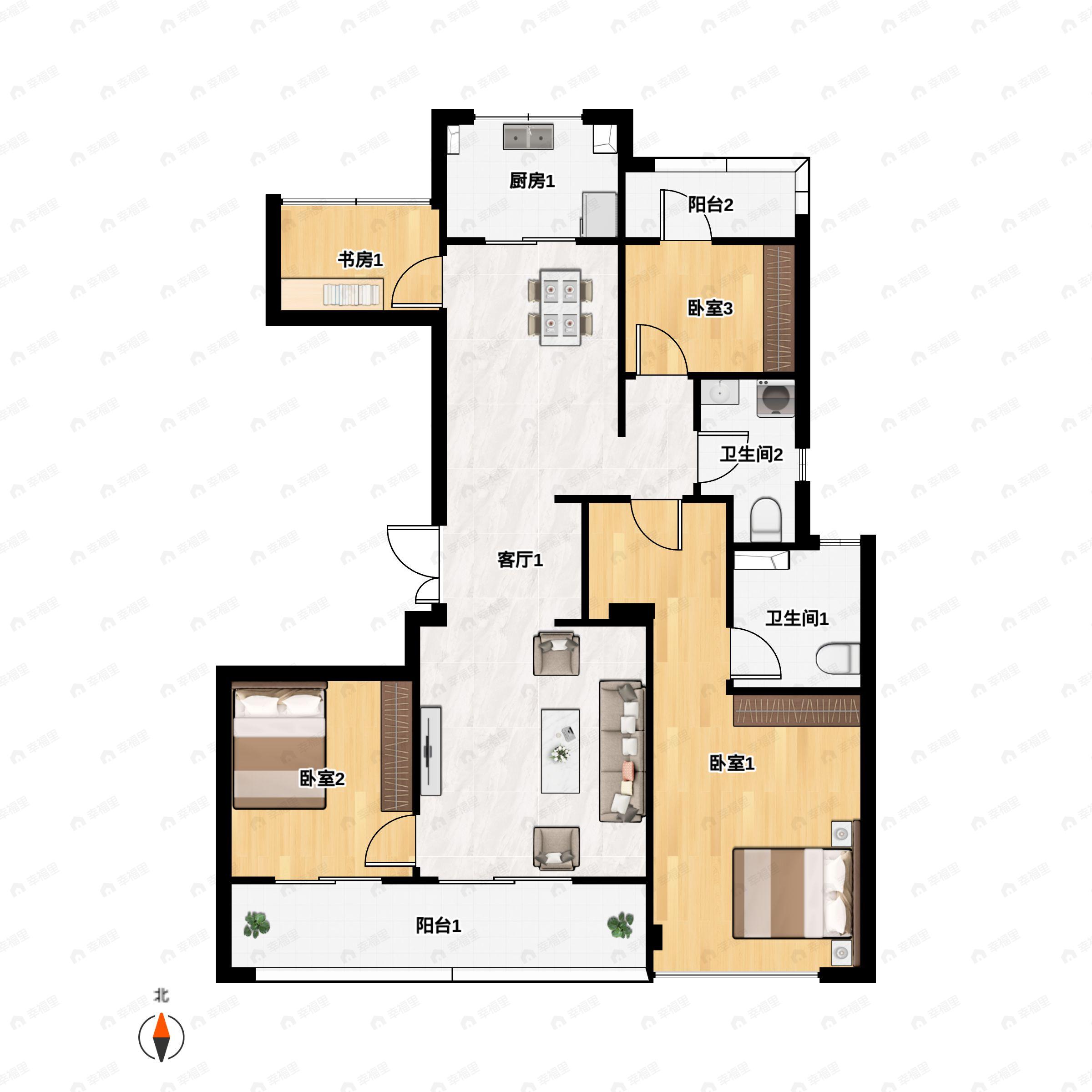 4室2厅2卫建面129平南户型图