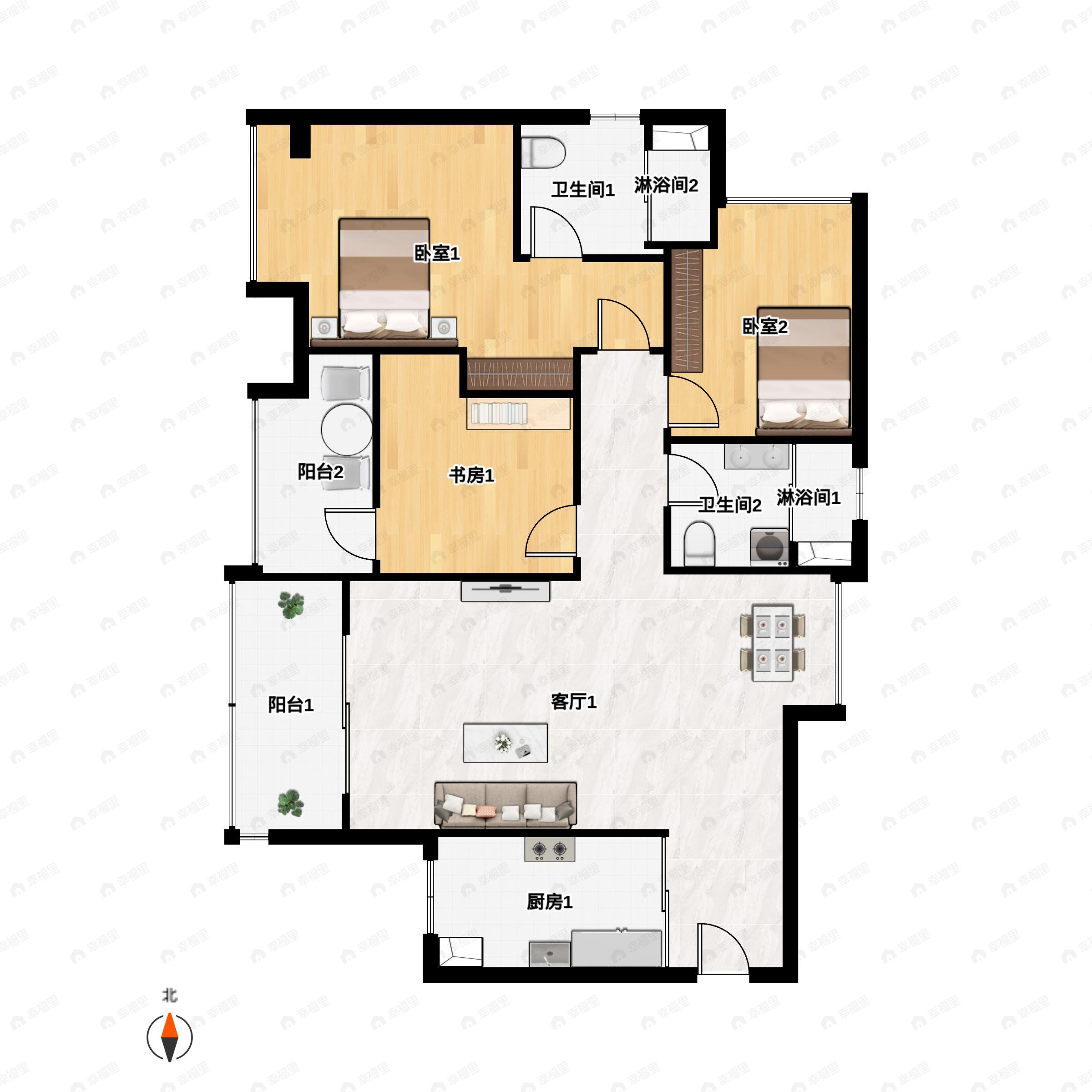 3室2厅2卫建面89平户型图