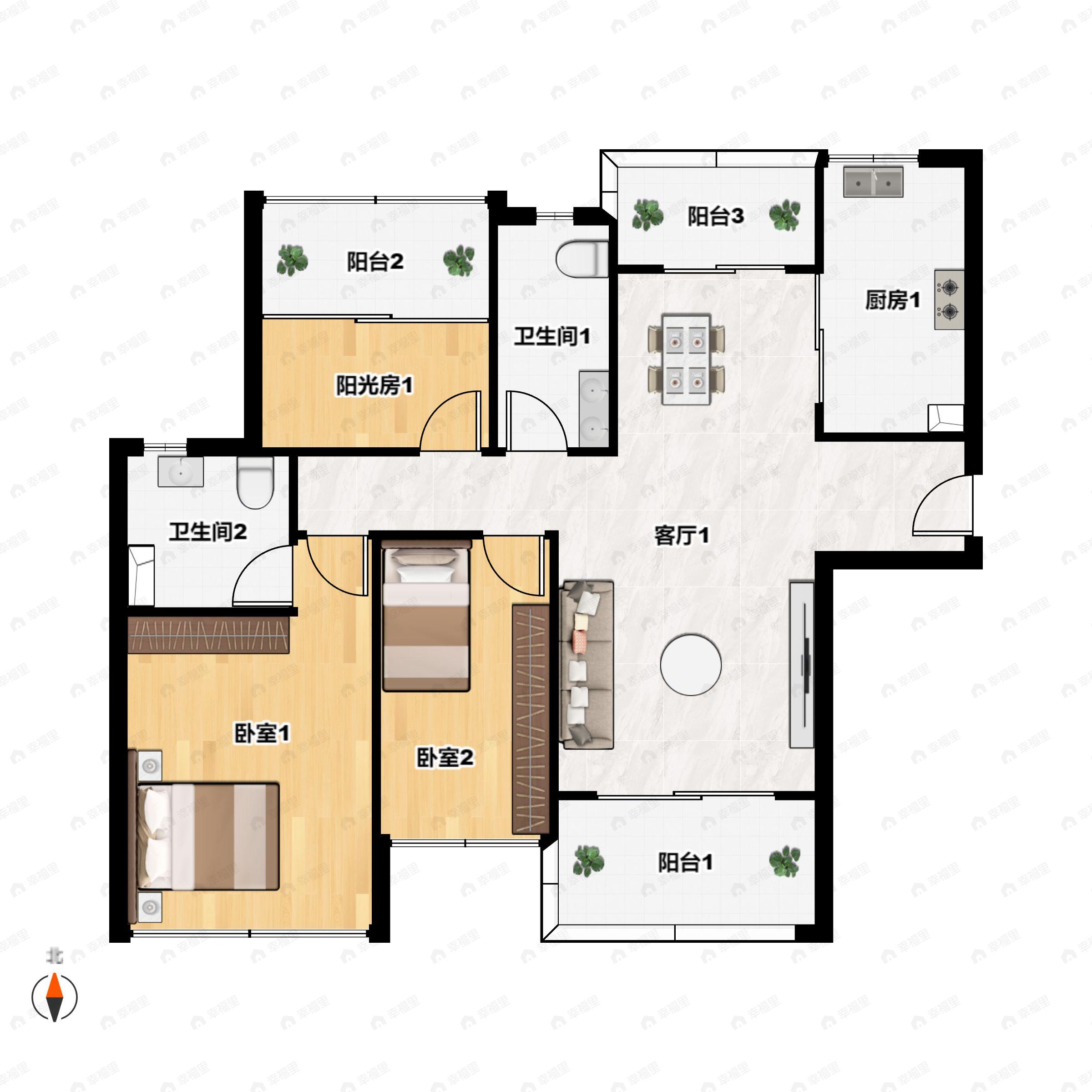 骏景湾·滨江誉峰3室2厅2卫户型图