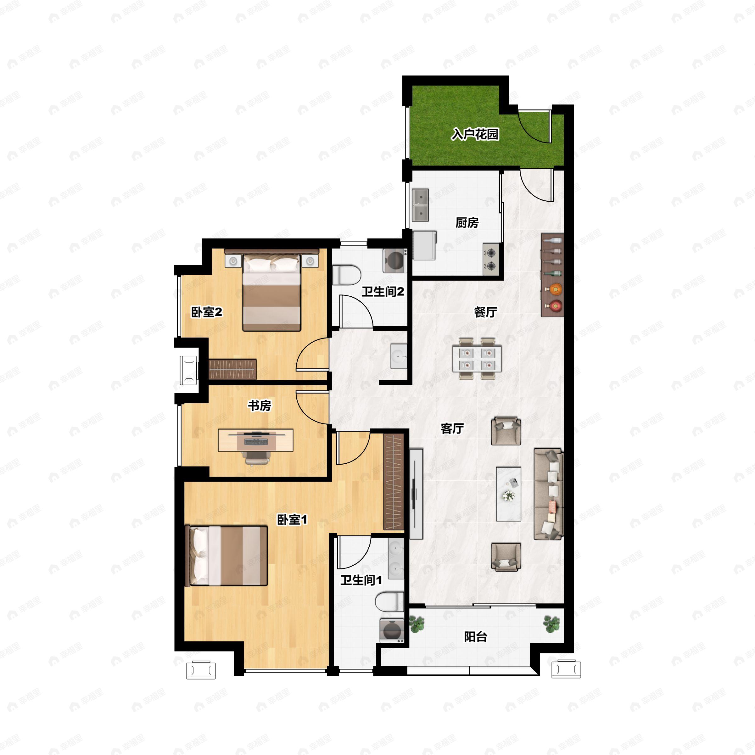 3室2厅2卫建面99m²南户型图