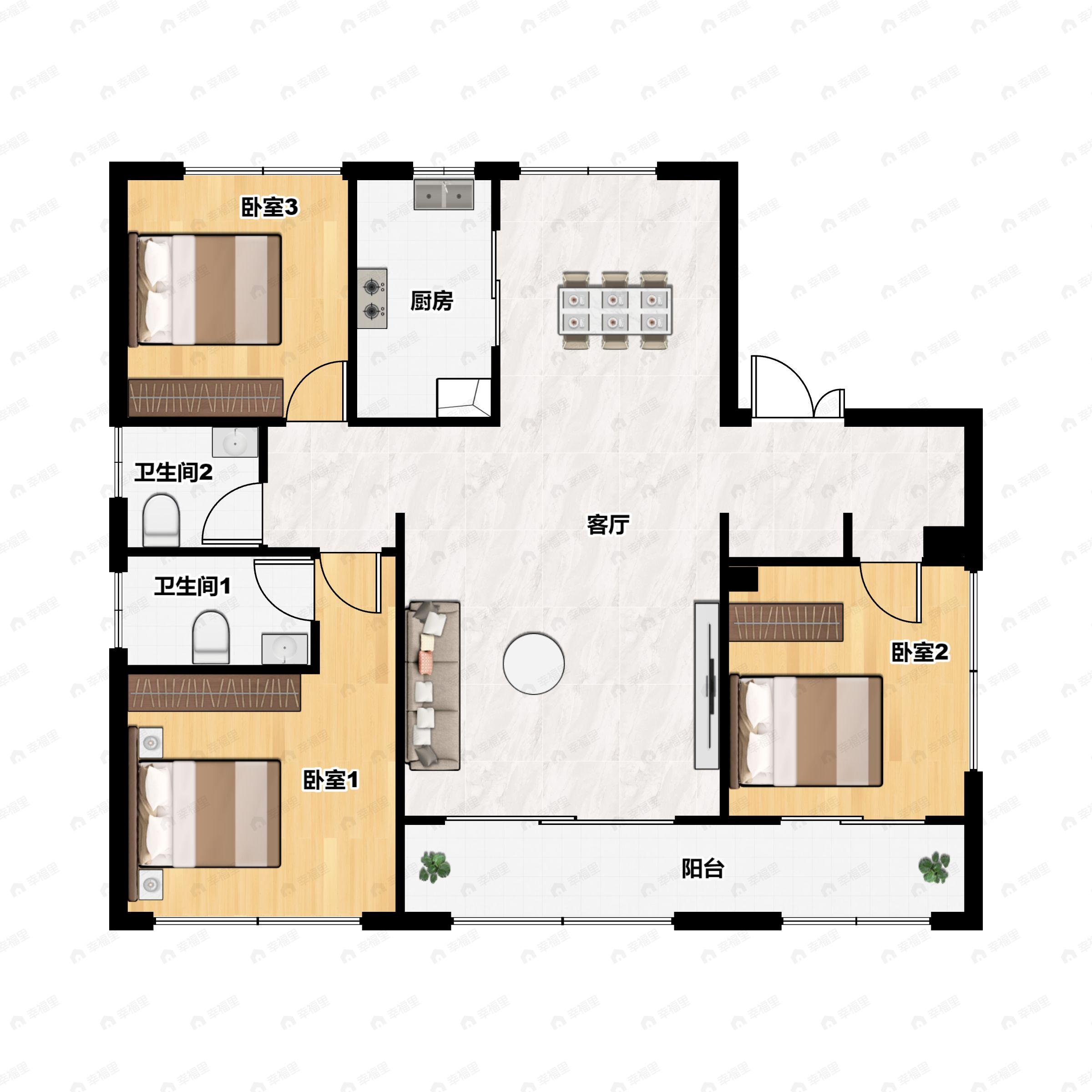 3室2厅2卫建面128平户型图