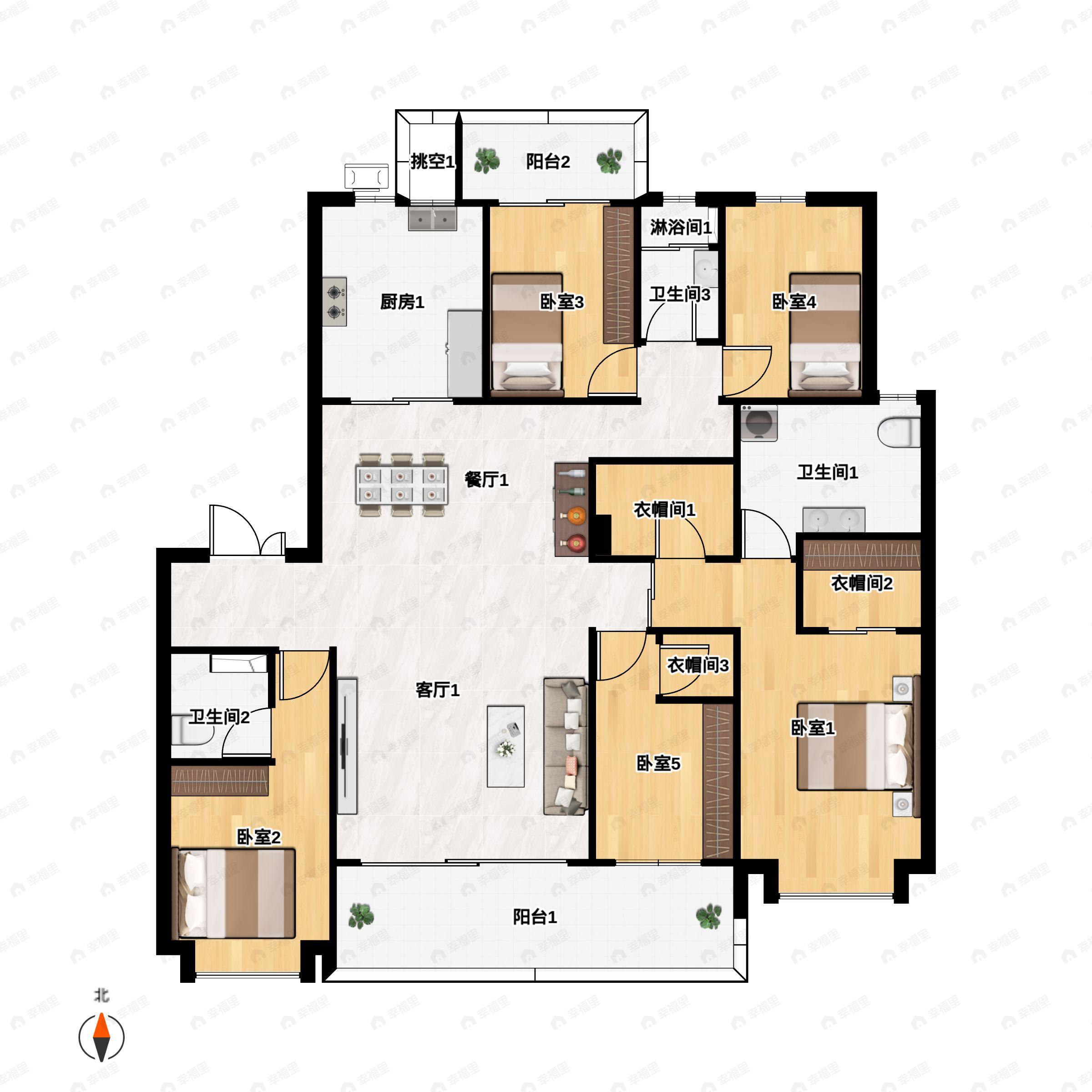 5室2厅3卫建面252平南|北户型图