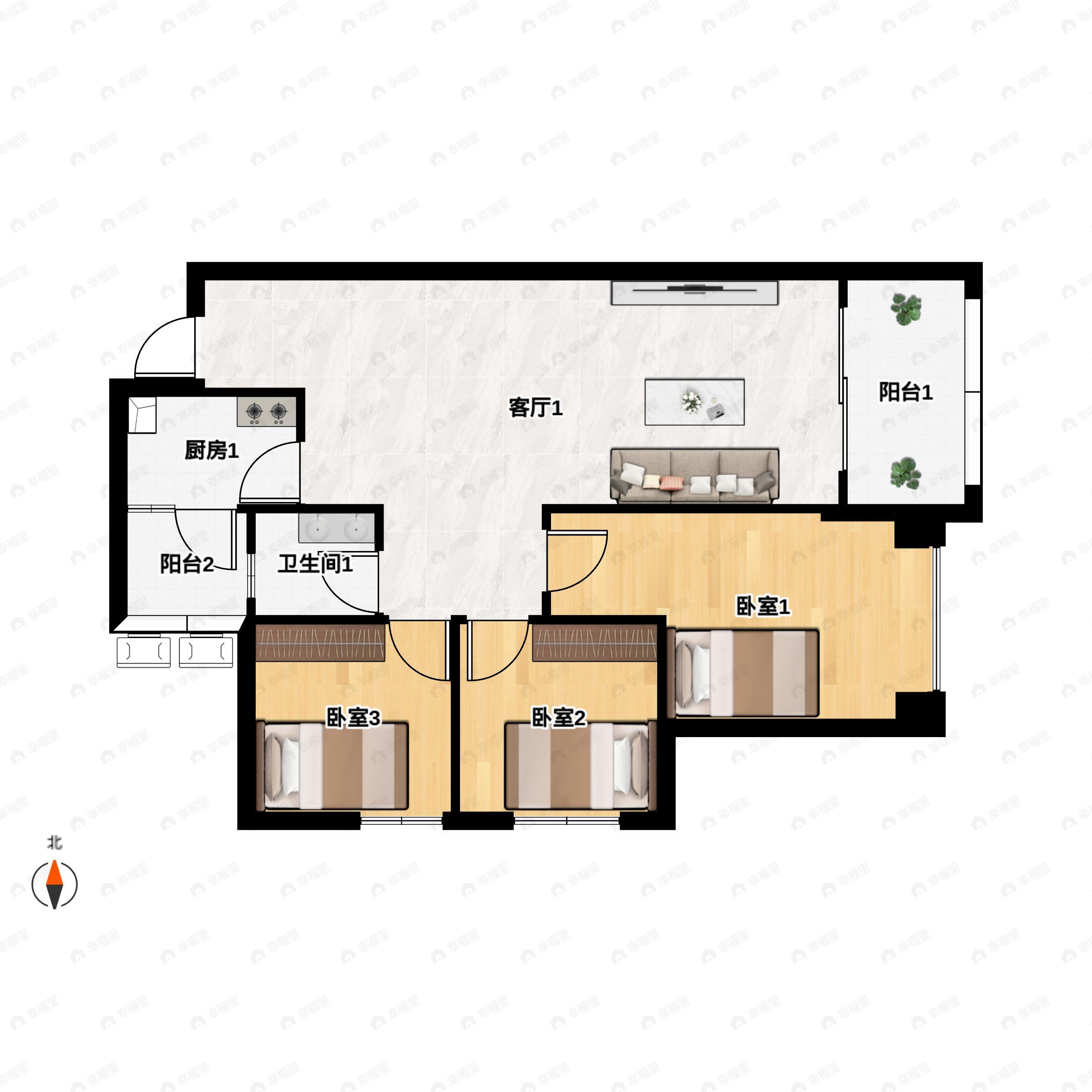 3室2厅1卫建面91平南户型图