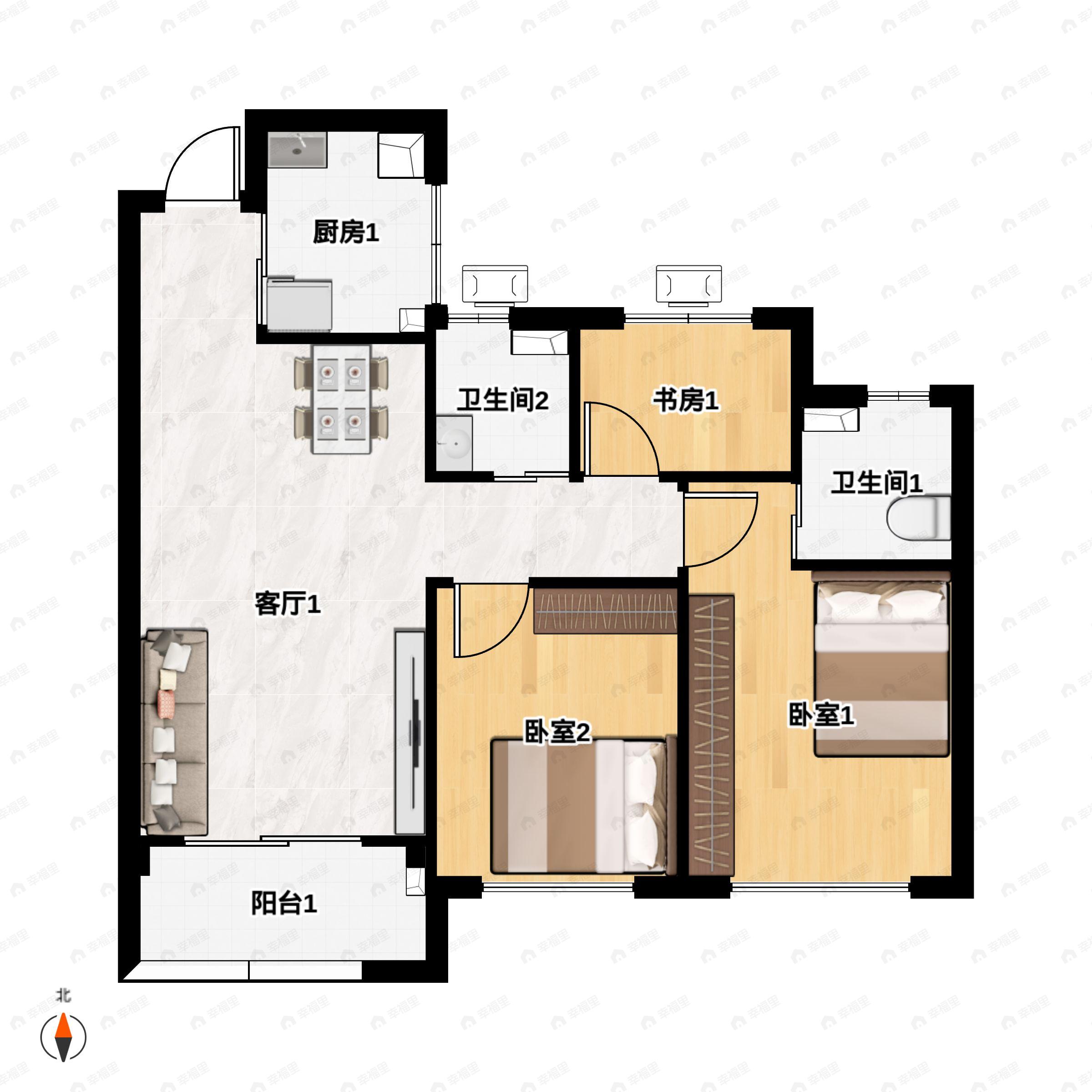 3室2厅2卫建面89平南户型图