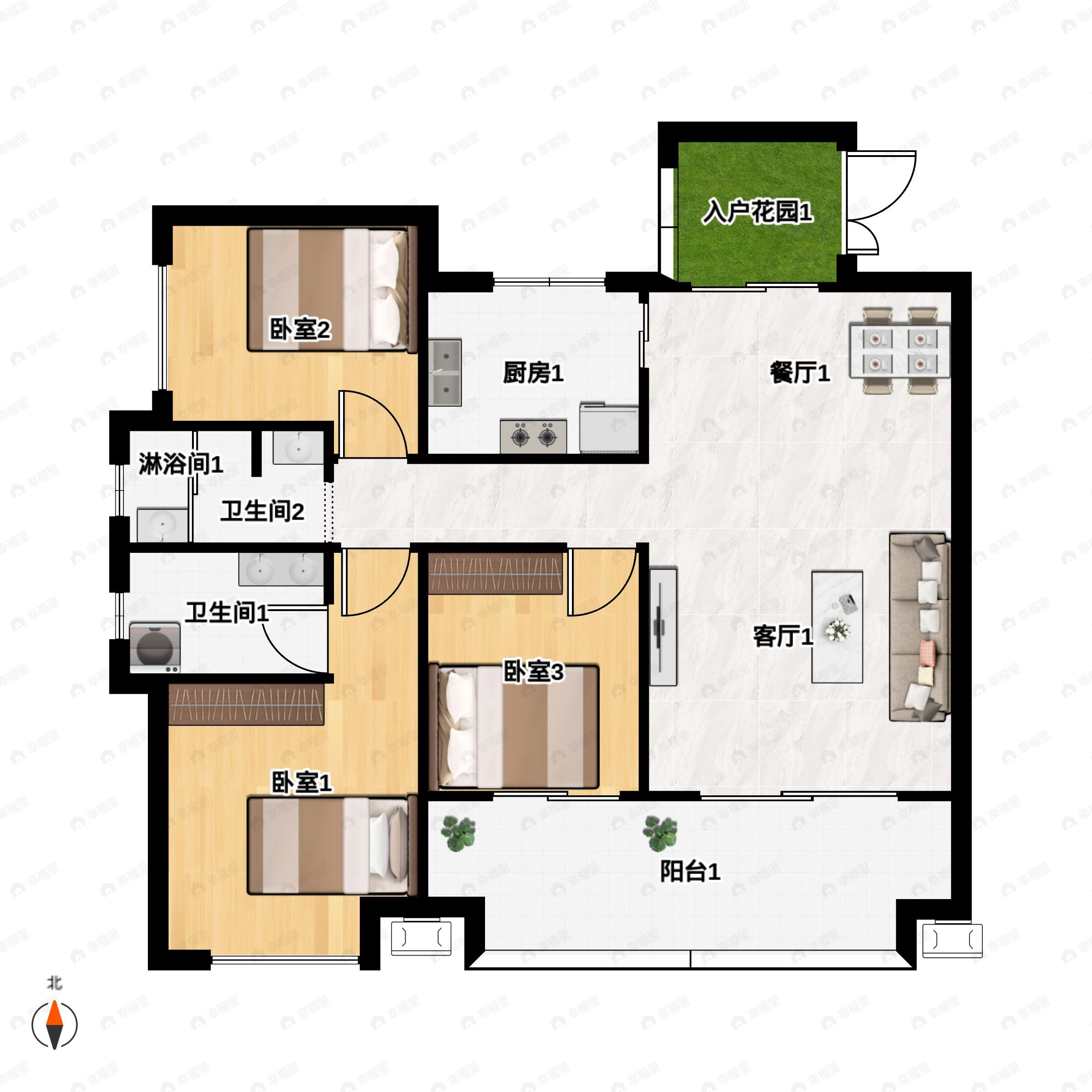 3室2厅2卫建面115平南户型图