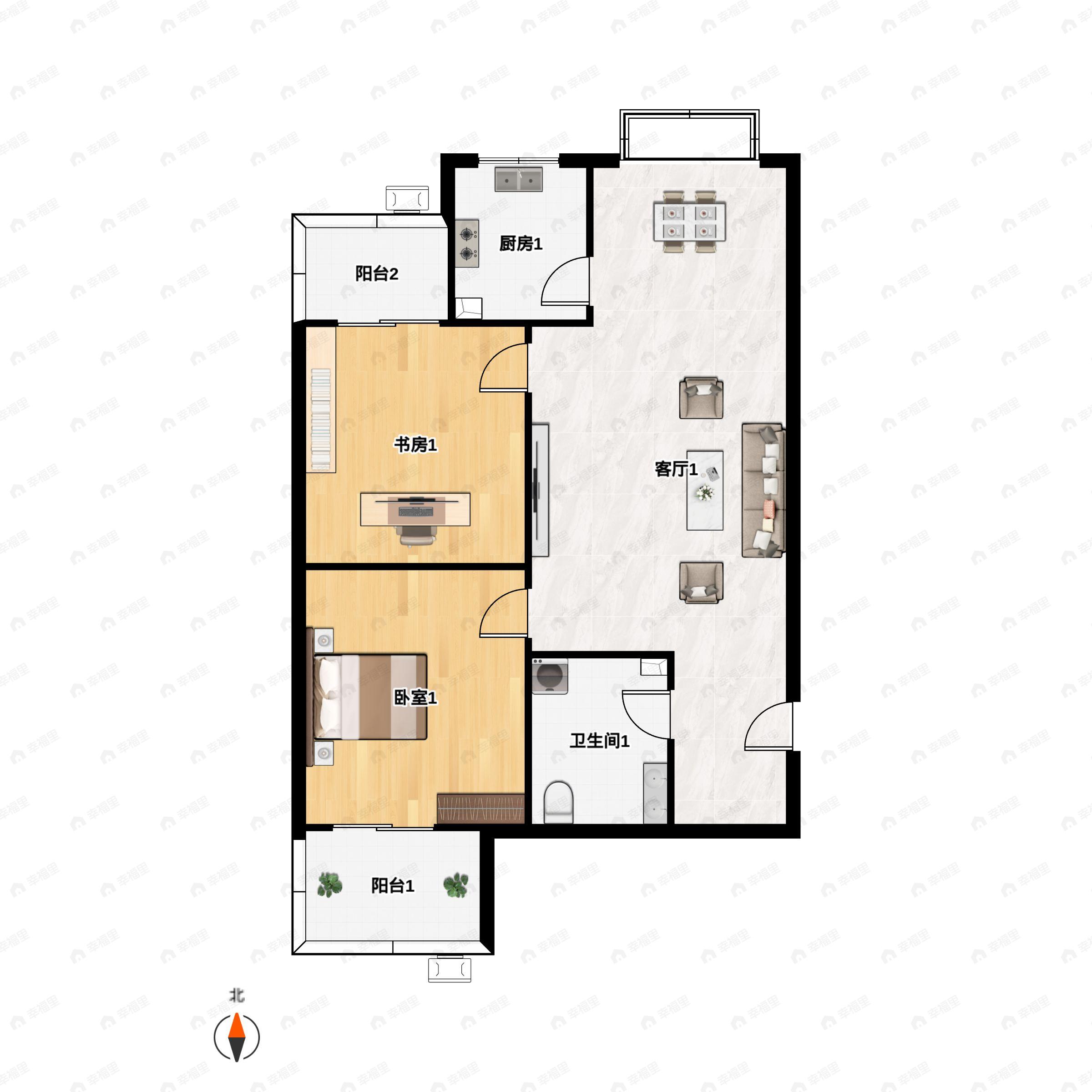 2室2厅1卫建面91m²南户型图
