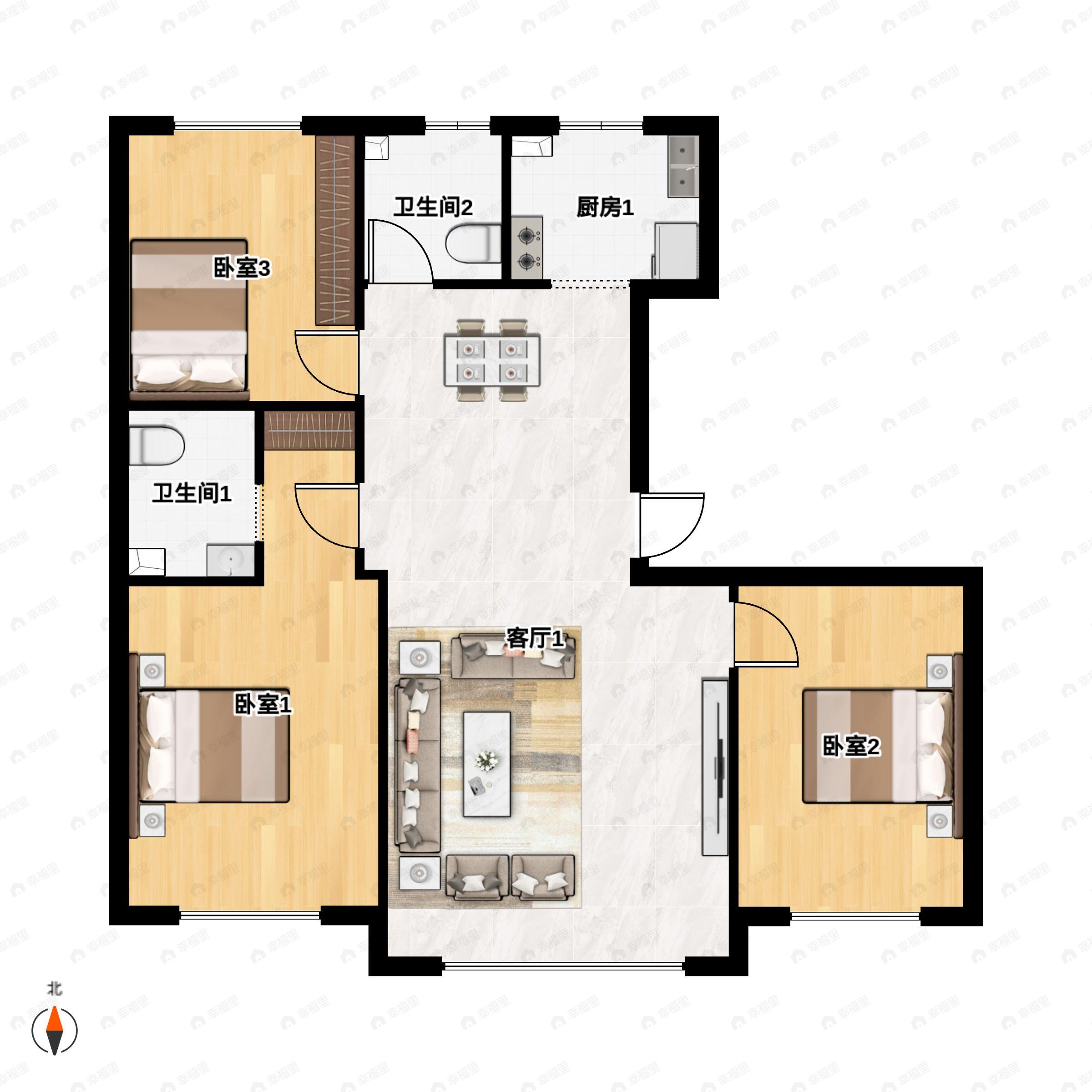 3室2厅2卫建面105平北|南户型图