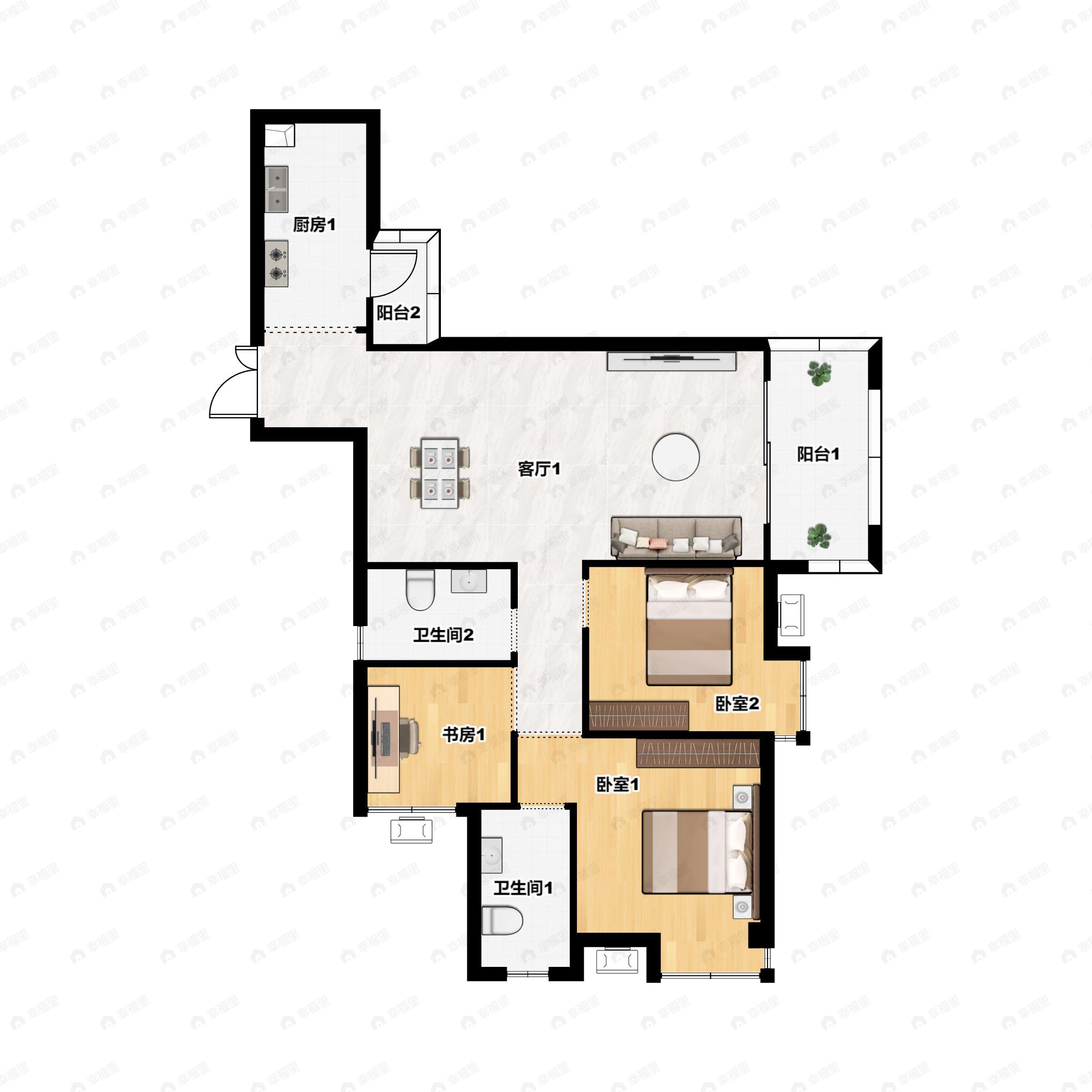 3室2厅2卫建面96平南户型图
