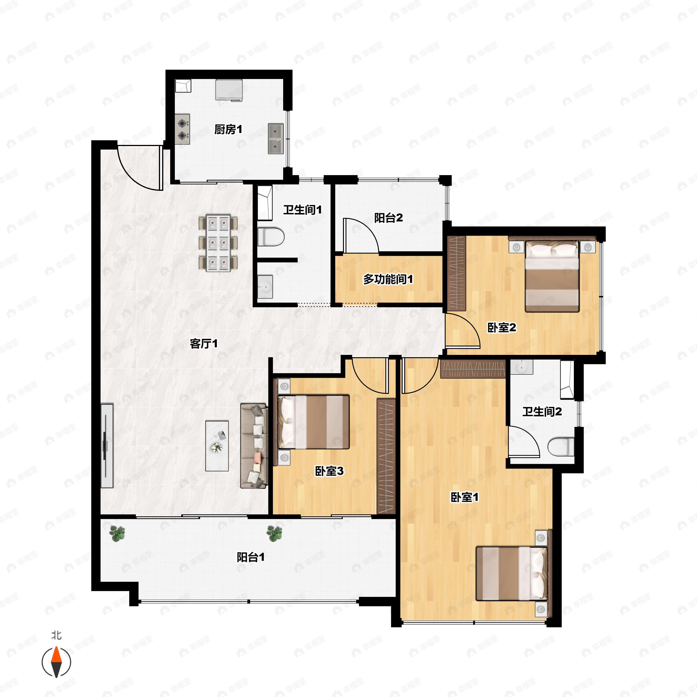 3室2厅2卫建面136平南户型图