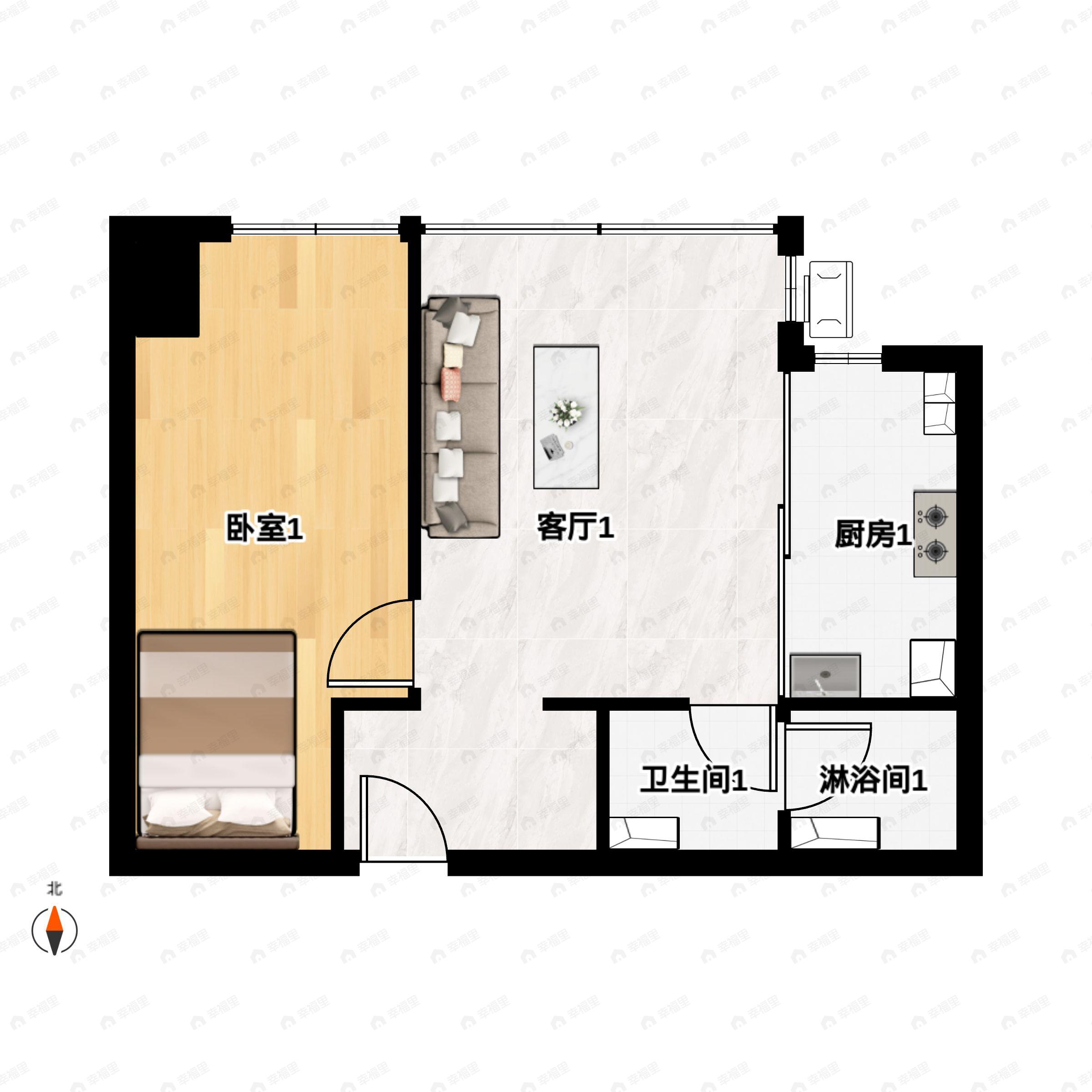 1室2厅1卫建面90m²北户型图