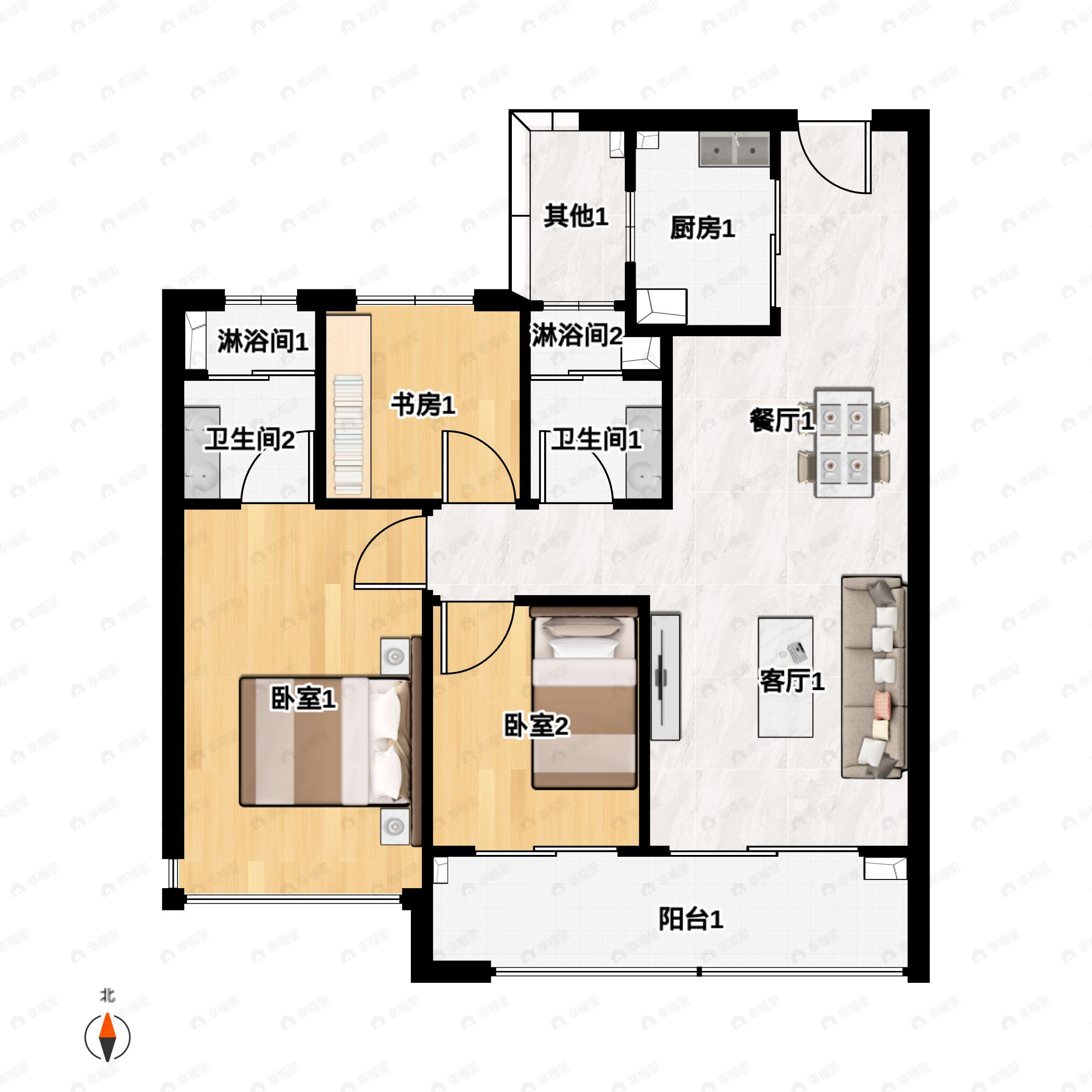 3室2厅2卫建面95m²南|北户型图