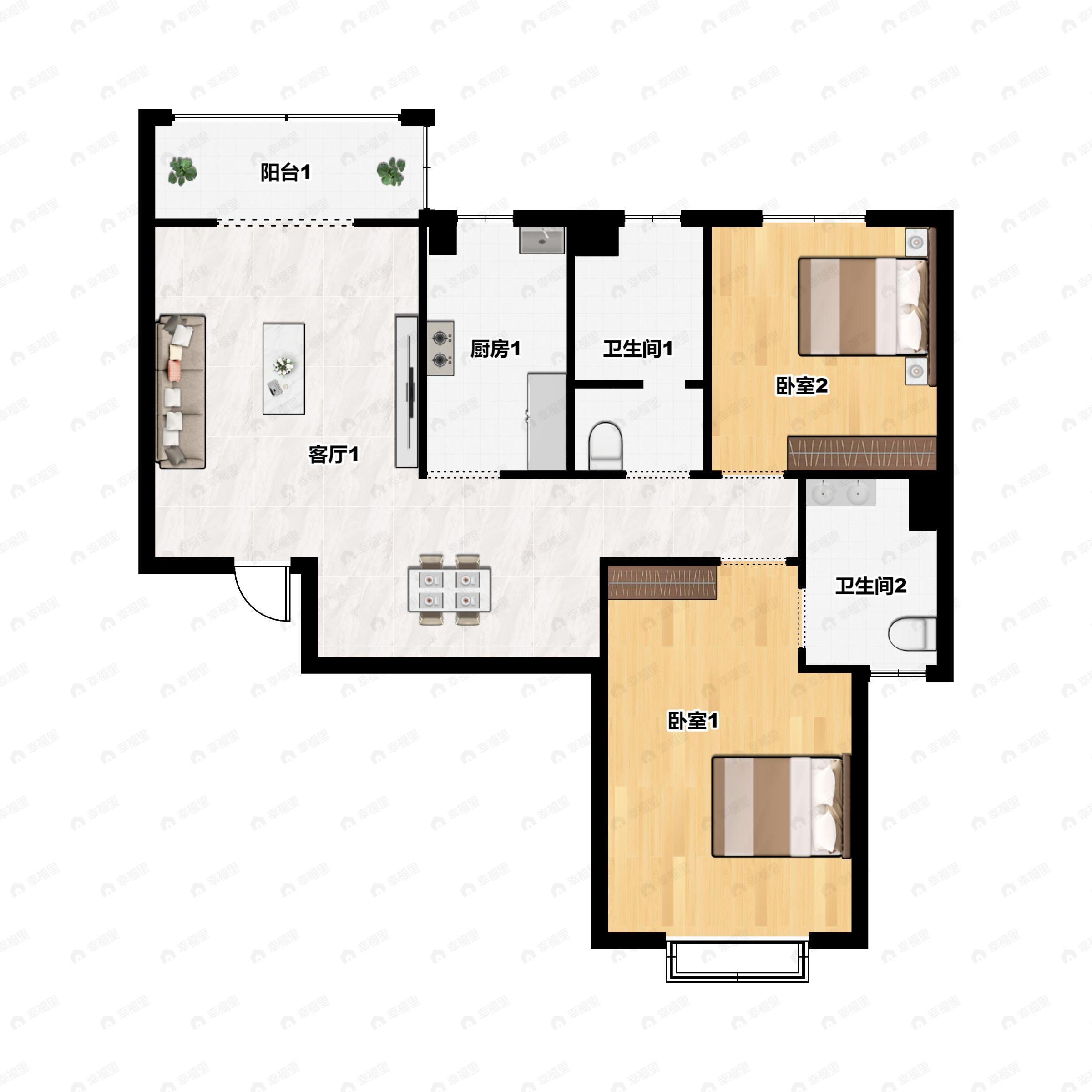 2室2厅2卫建面106m²南户型图