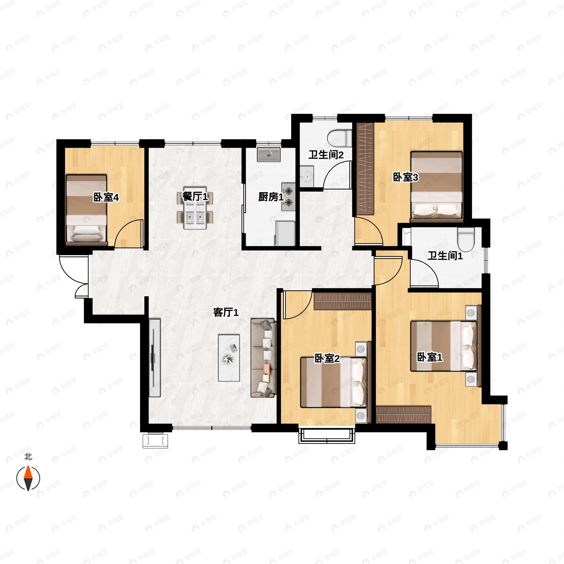 4室2厅2卫建面143平北|南户型图