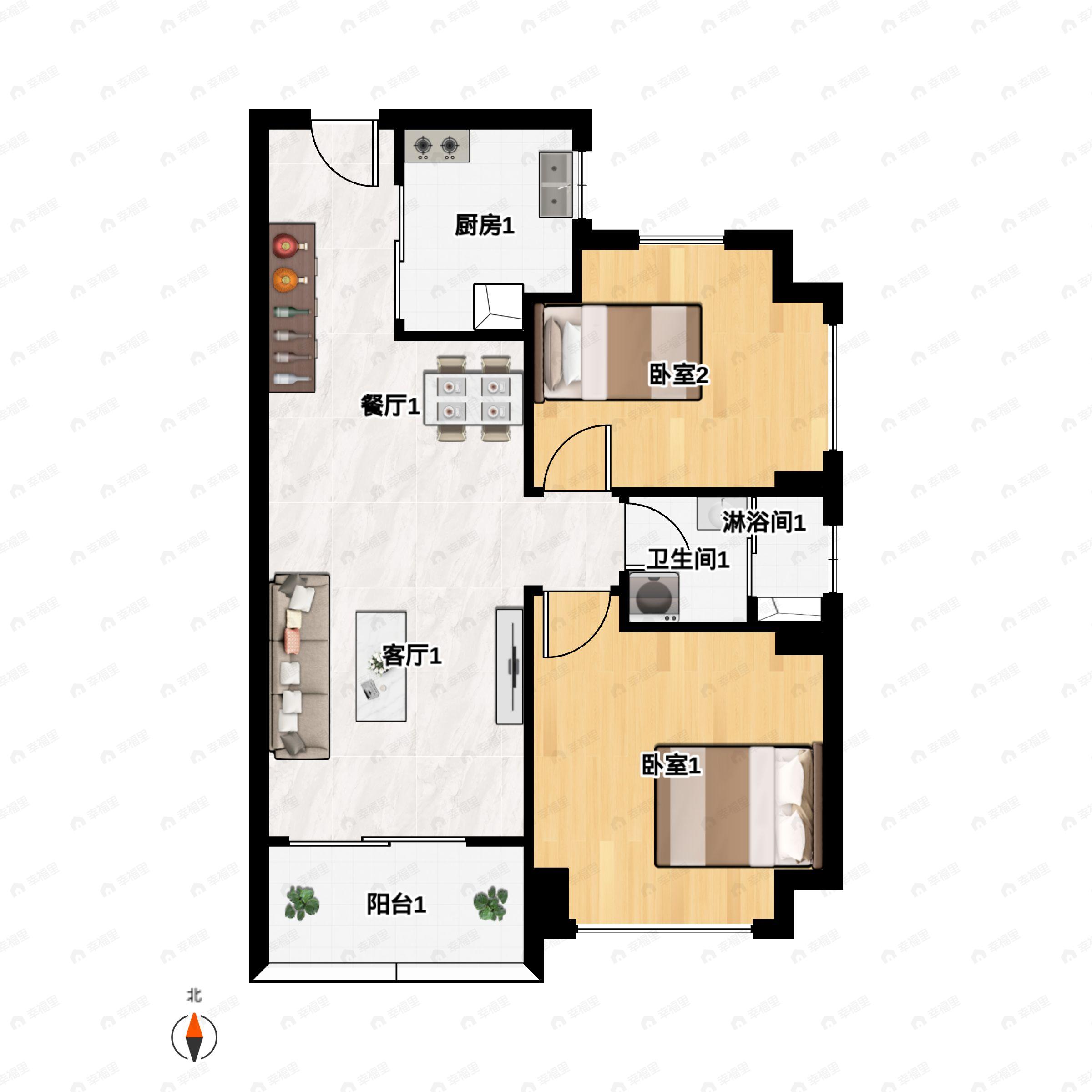2室2厅1卫建面70平户型图