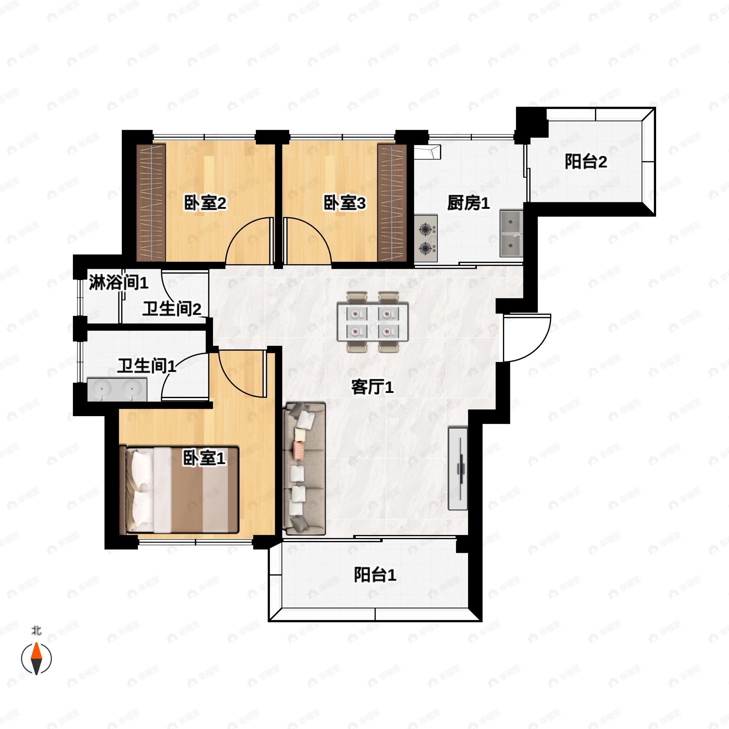 3室2厅2卫建面87平南户型图