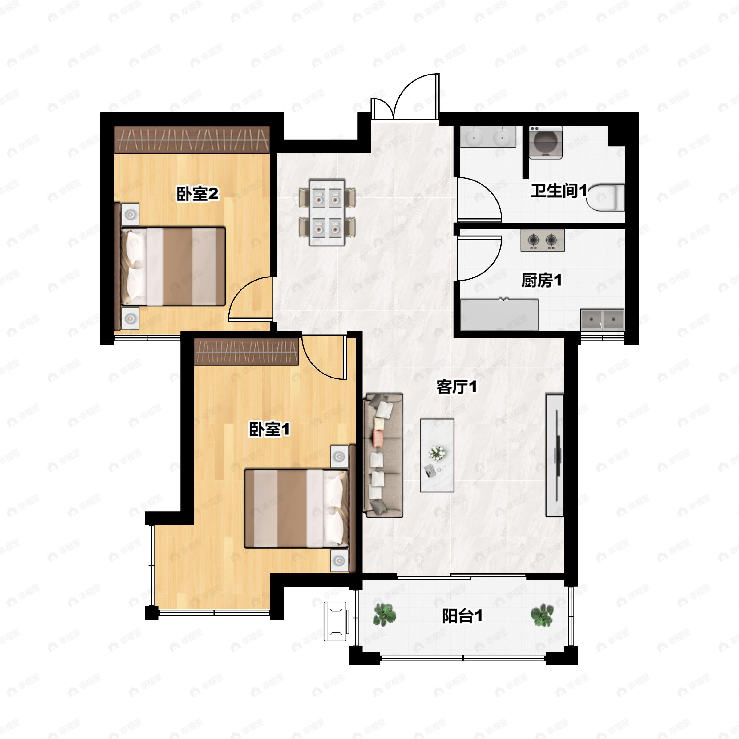 2室2厅1卫建面99m²南户型图
