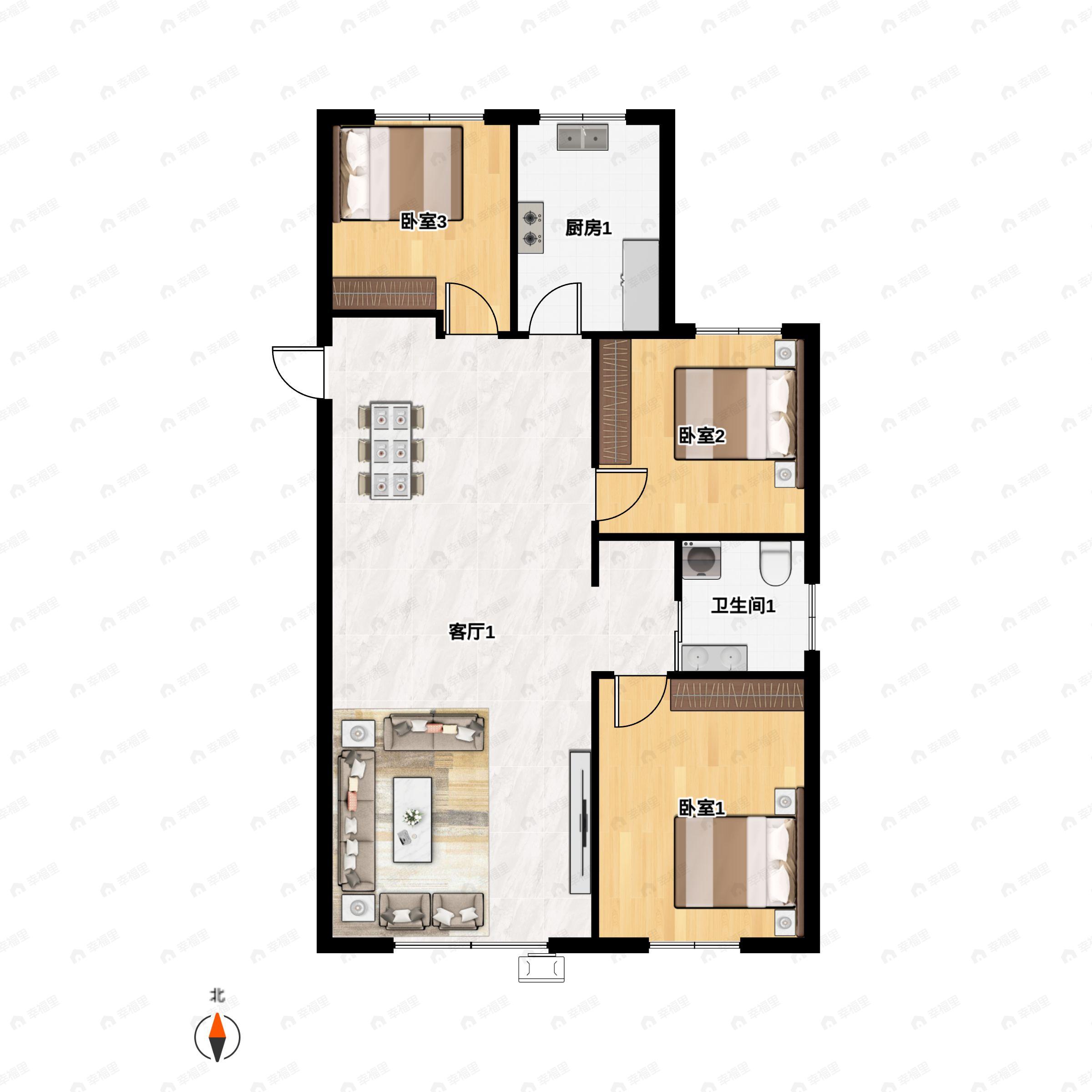 坤德书苑3室2厅1卫户型图