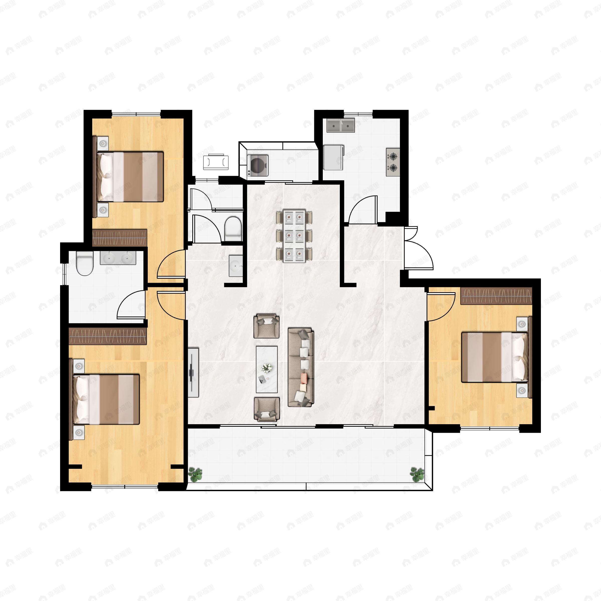 3室2厅2卫建面143m²南|北户型图
