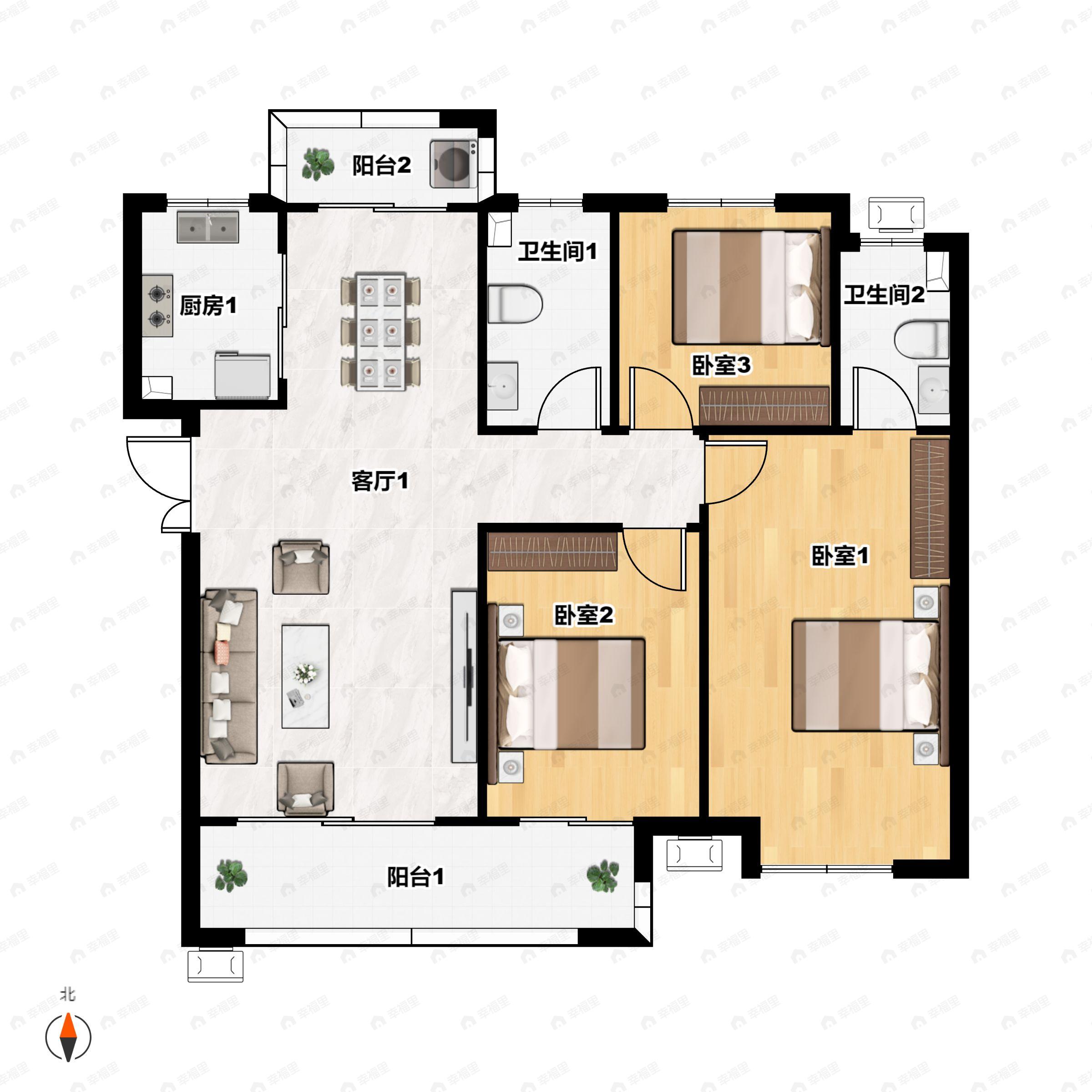 3室2厅2卫建面128平南户型图