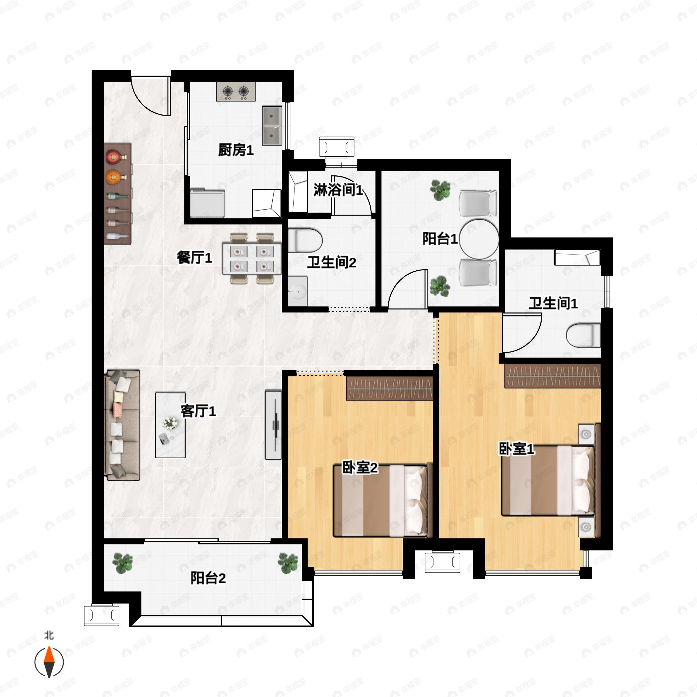 2室2厅2卫建面93m²南户型图