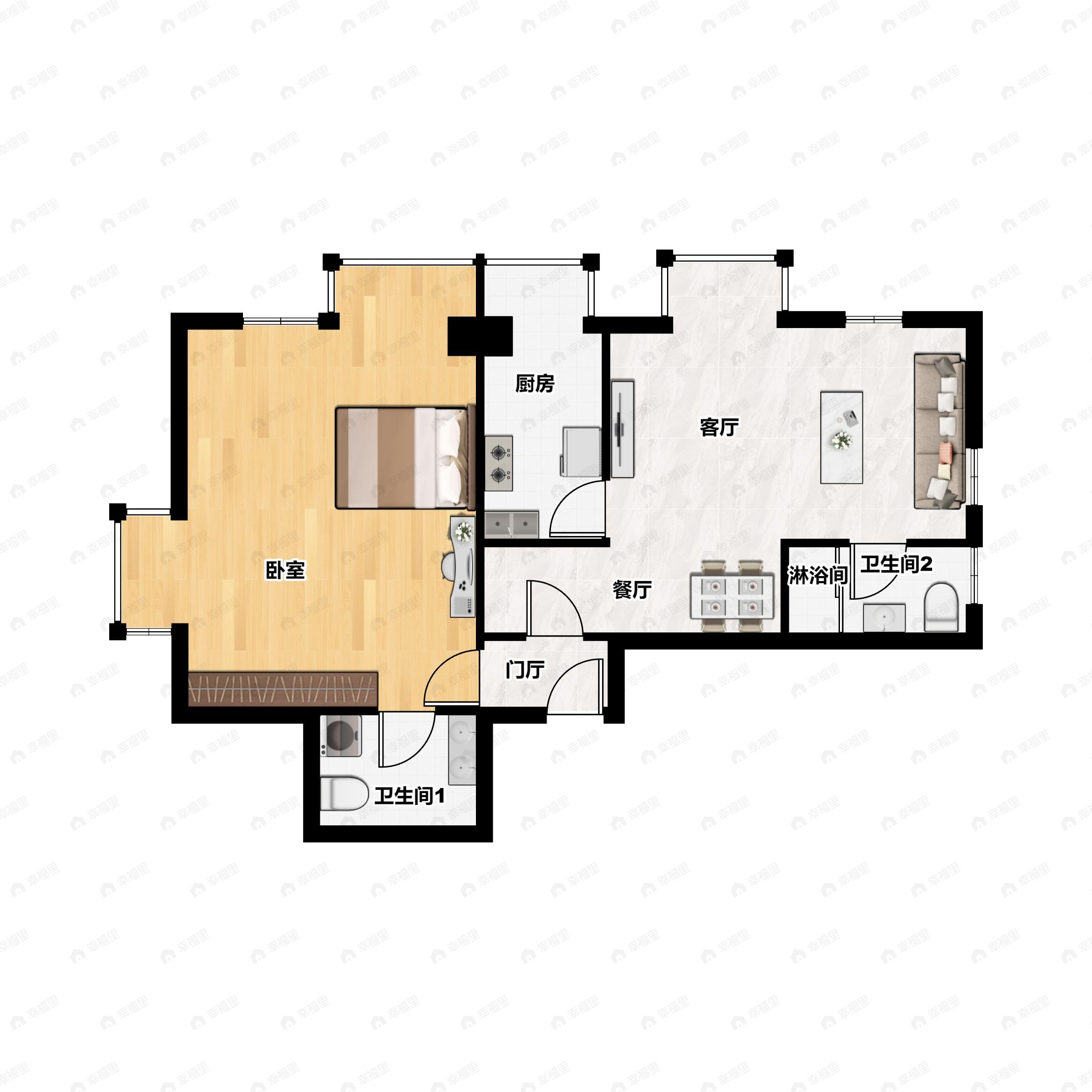1室2厅2卫建面122m²西|东|北户型图