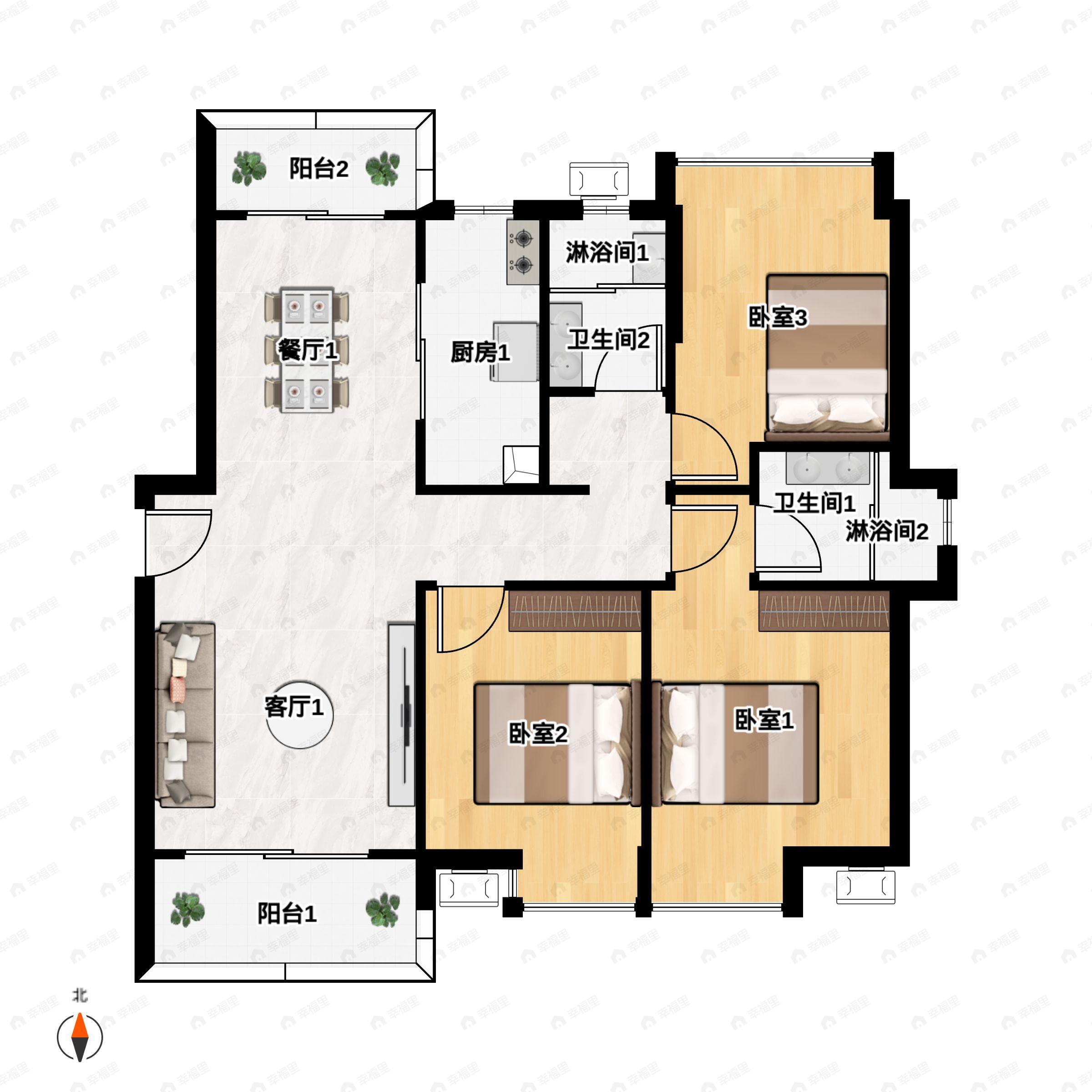 3室2厅2卫建面109平户型图