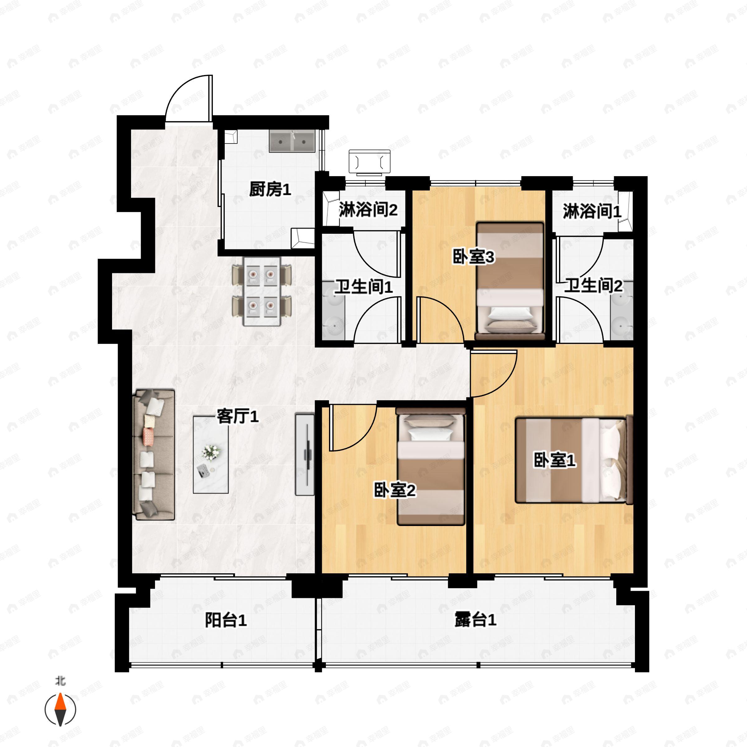 3室2厅2卫建面113m²南户型图