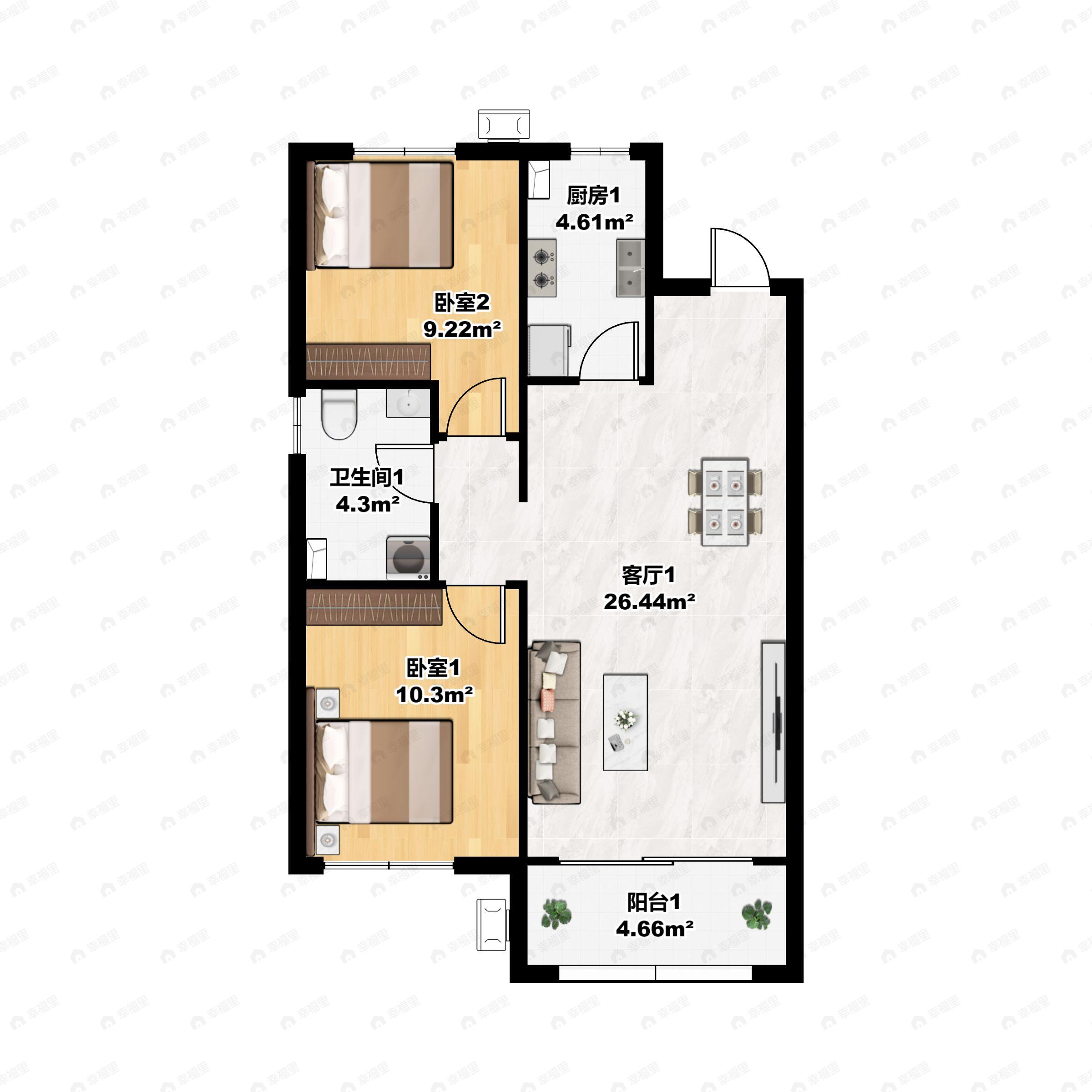 2室2厅1卫建面84m²南户型图