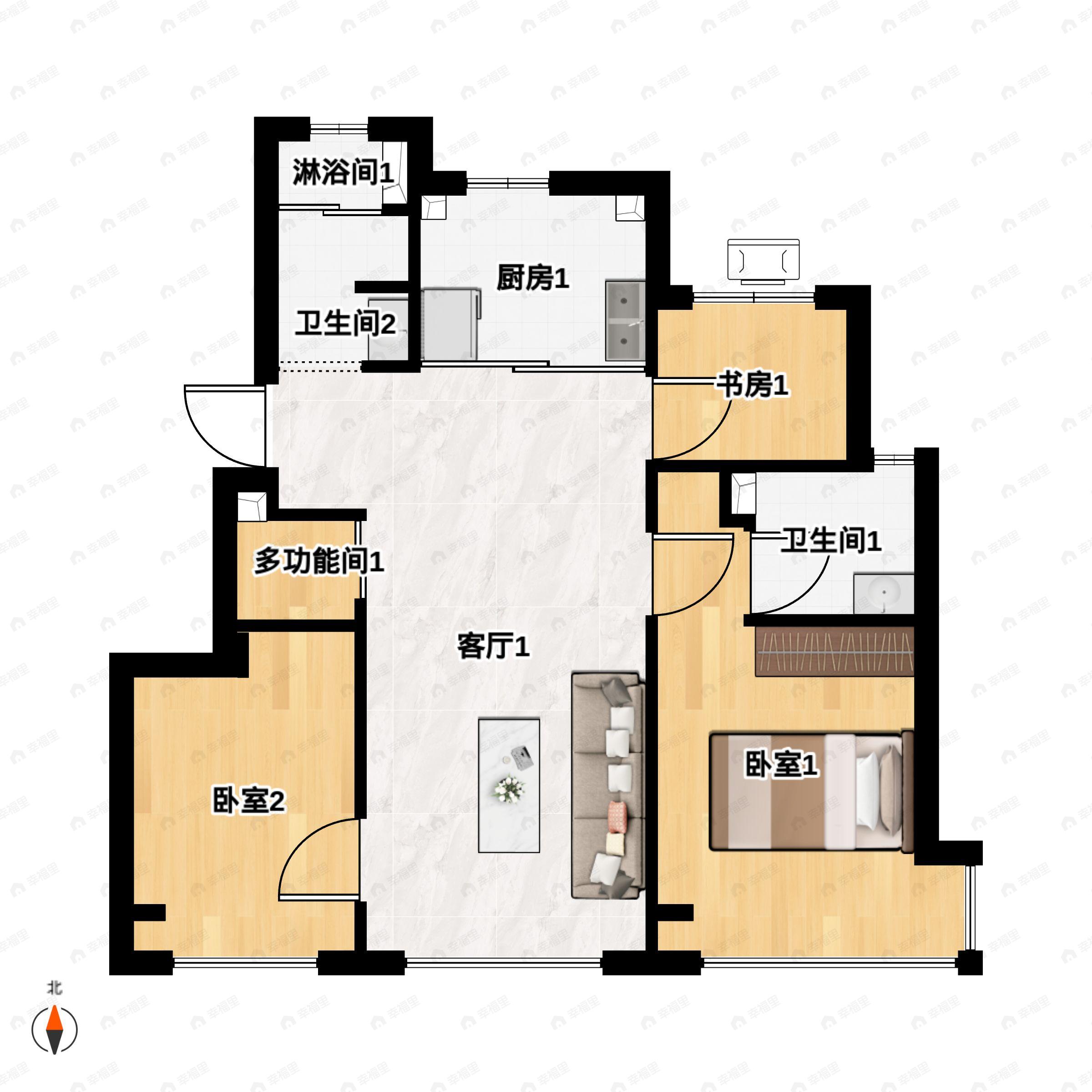 3室2厅2卫建面89m²北|东|南户型图