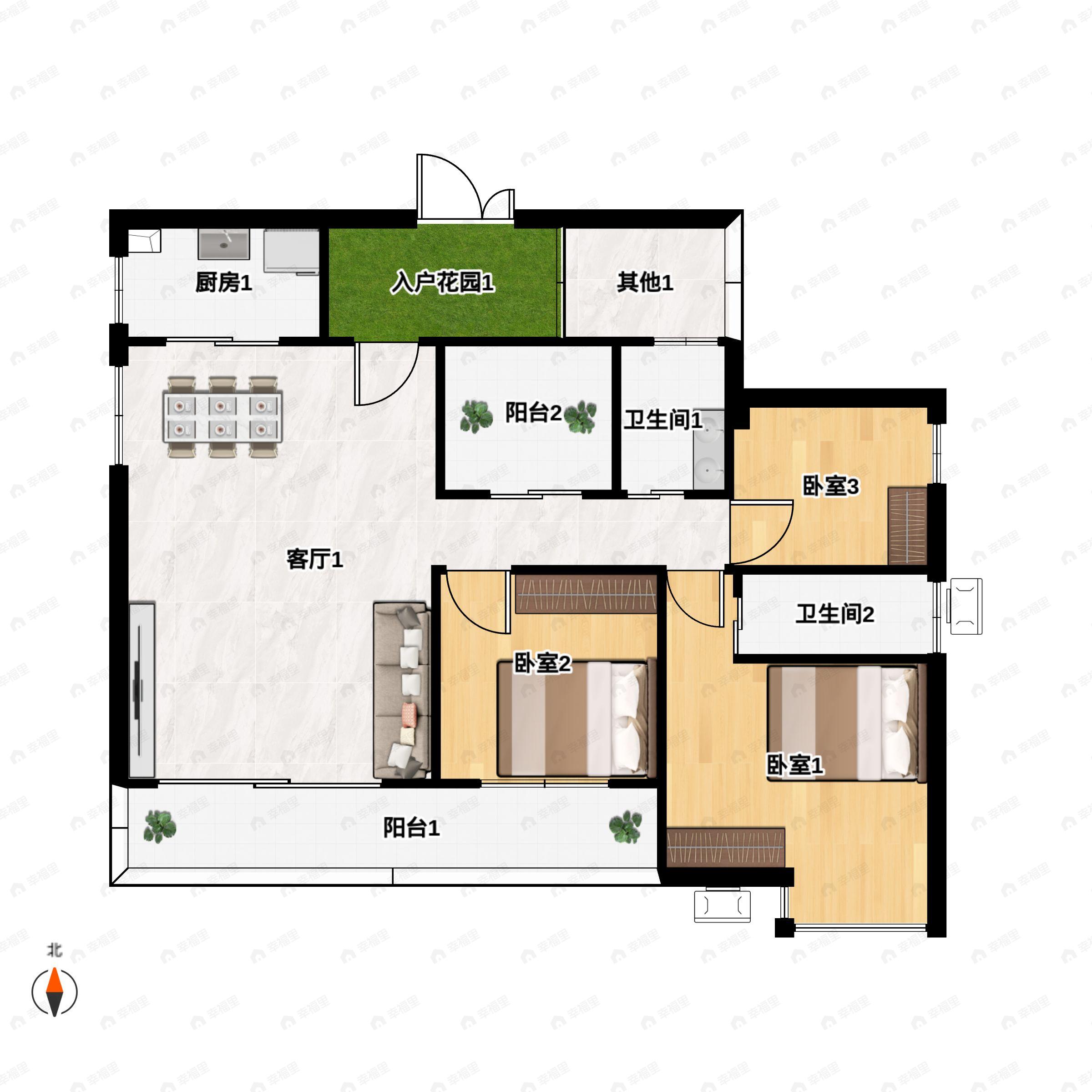 3室2厅2卫建面134平南|北户型图