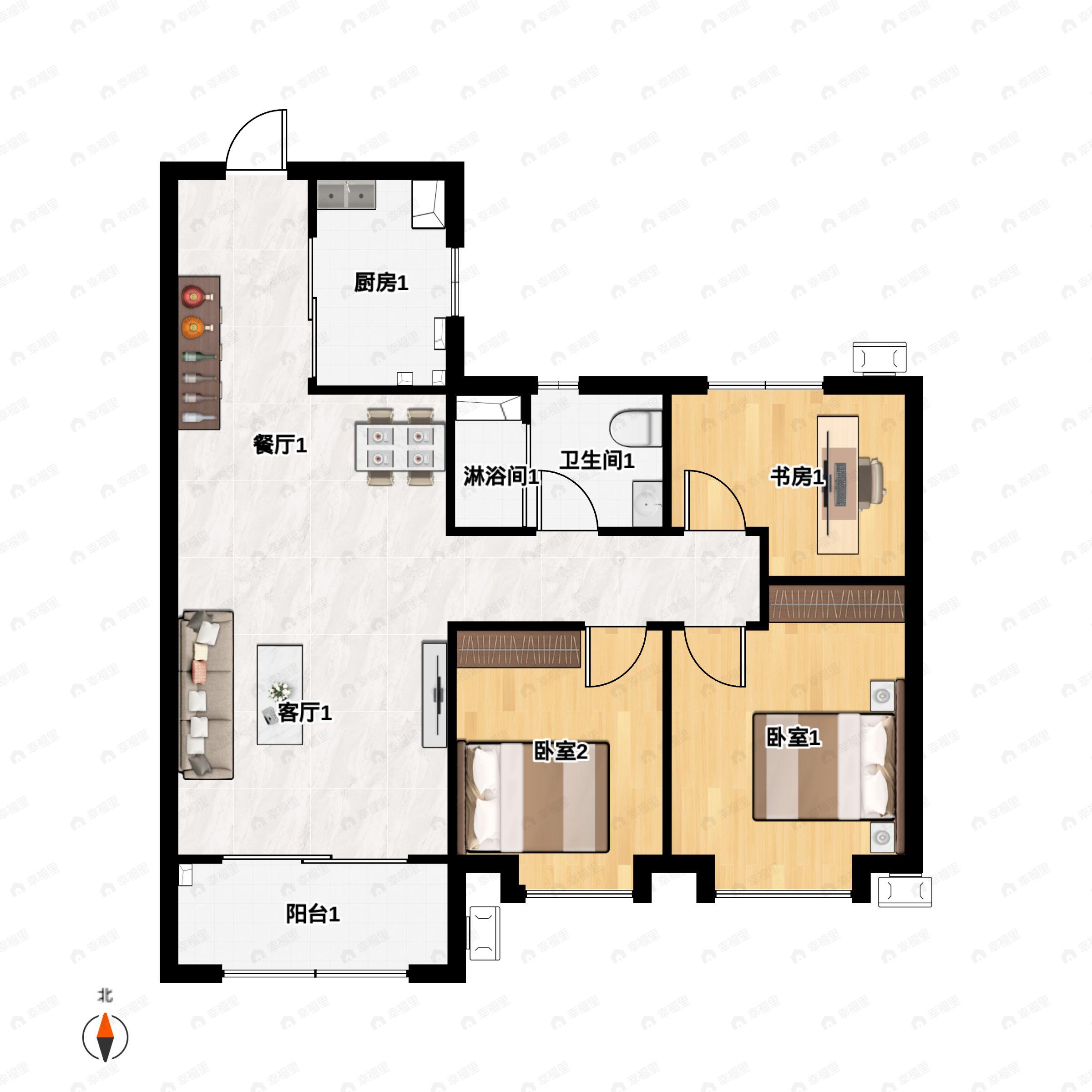 3室2厅1卫建面94平南|北户型图