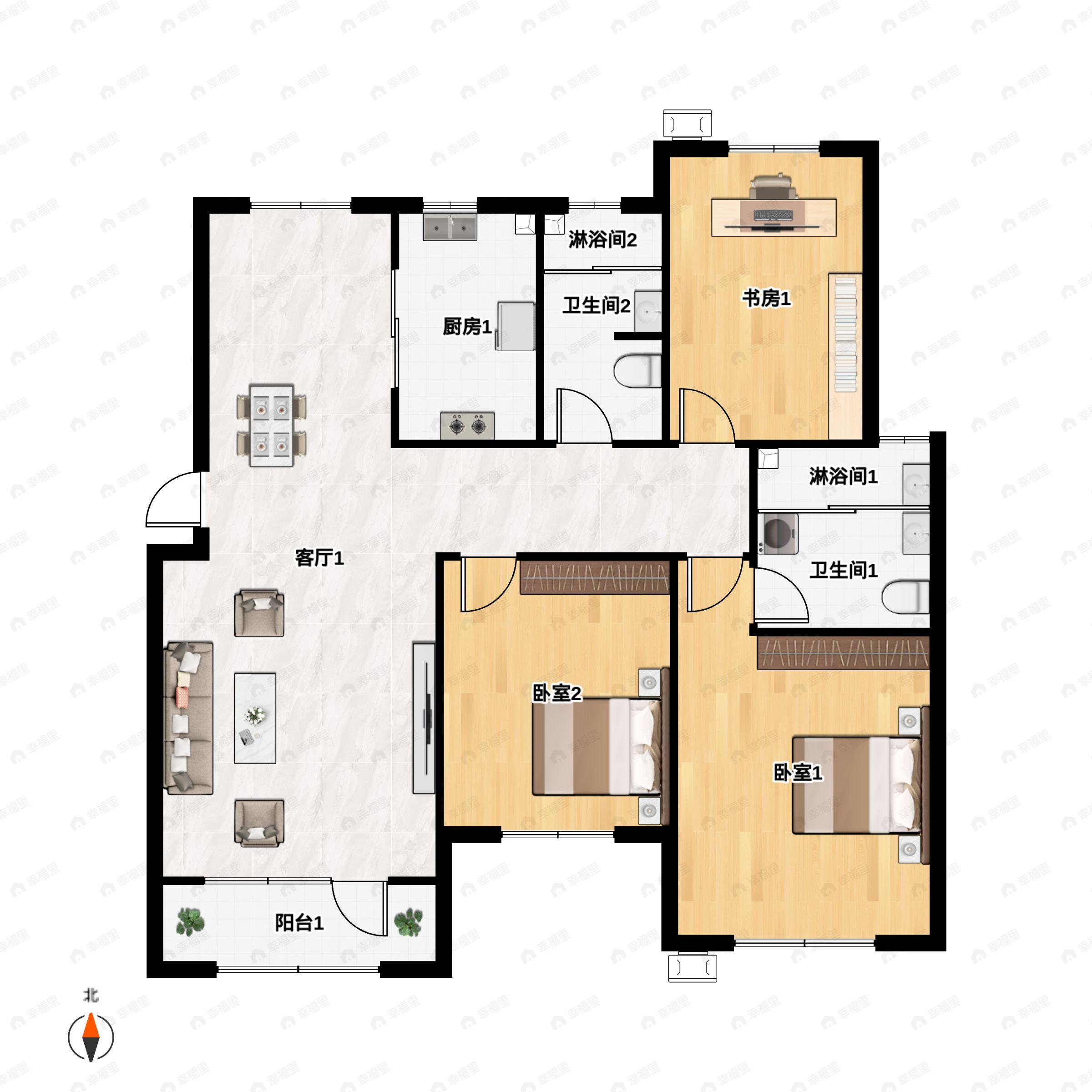 3室2厅2卫建面137平南户型图