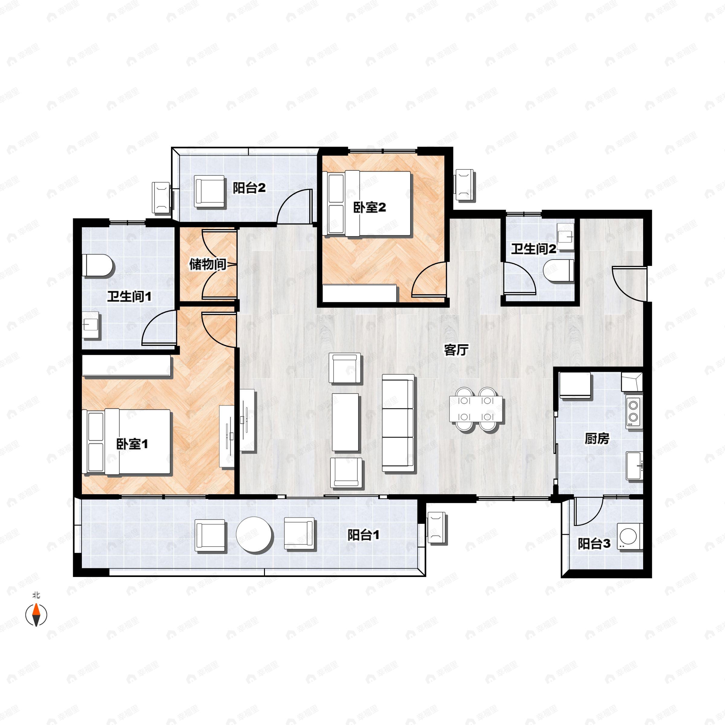 3室2厅2卫建面98平南|西|东|北户型图