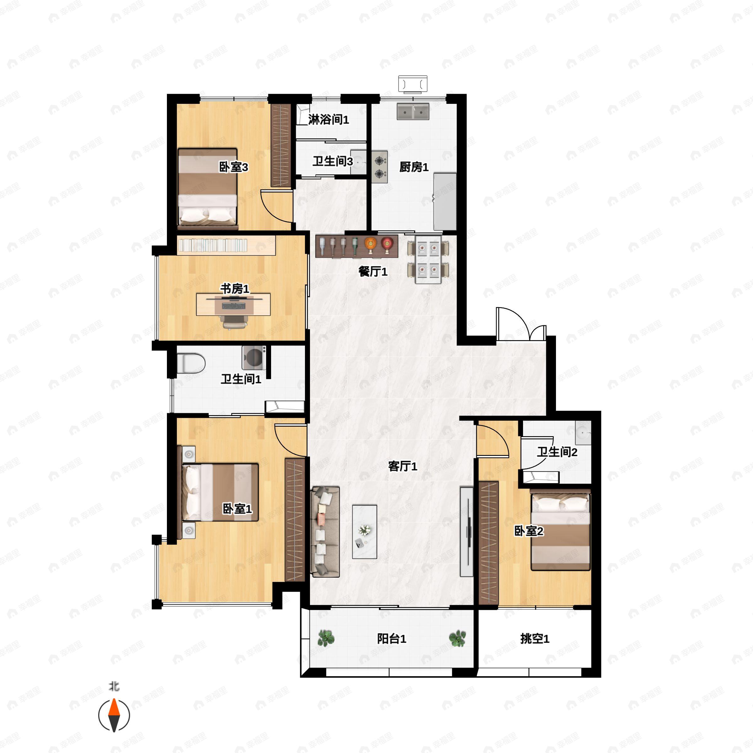 4室2厅3卫建面177平南户型图