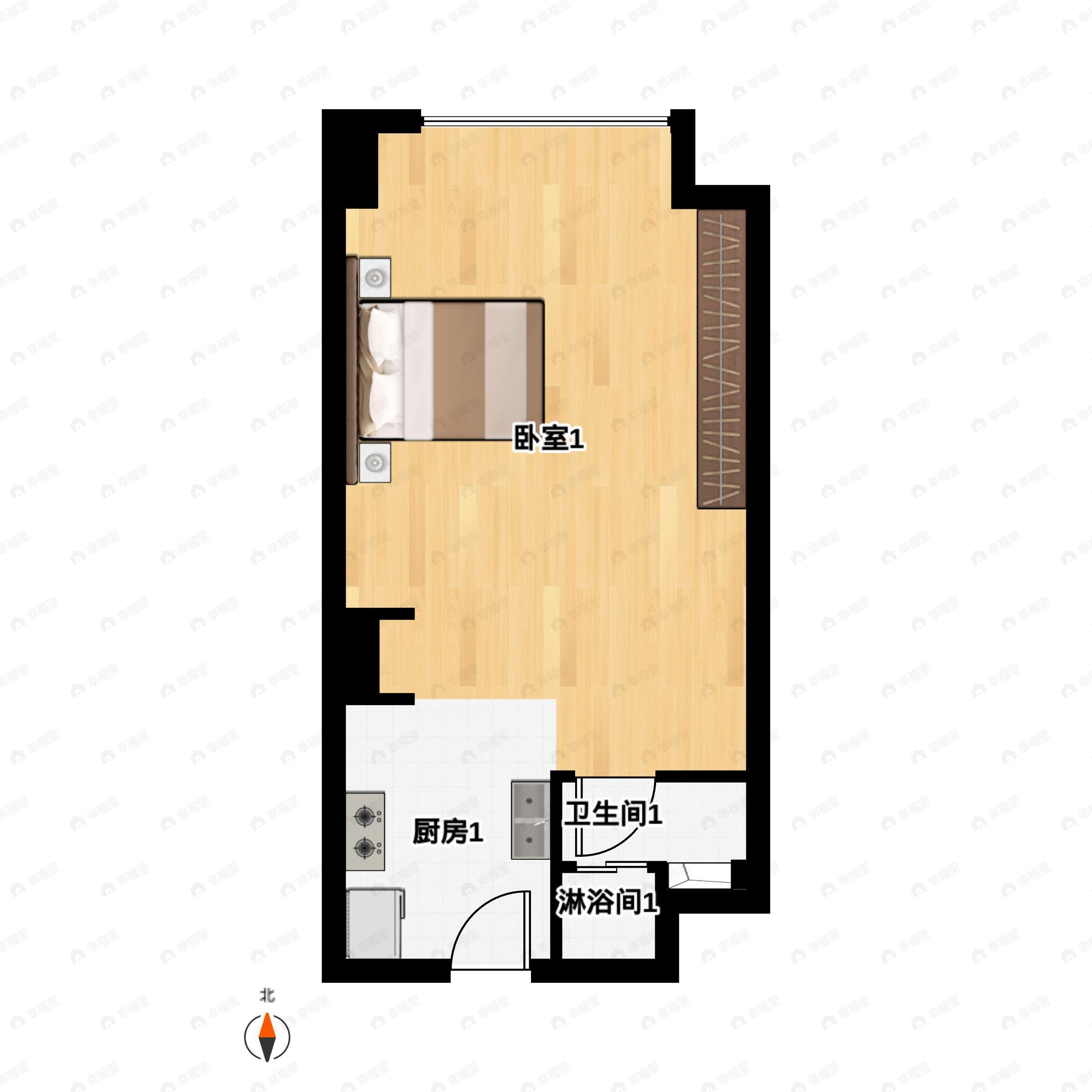 1室1厅1卫建面37m²南户型图