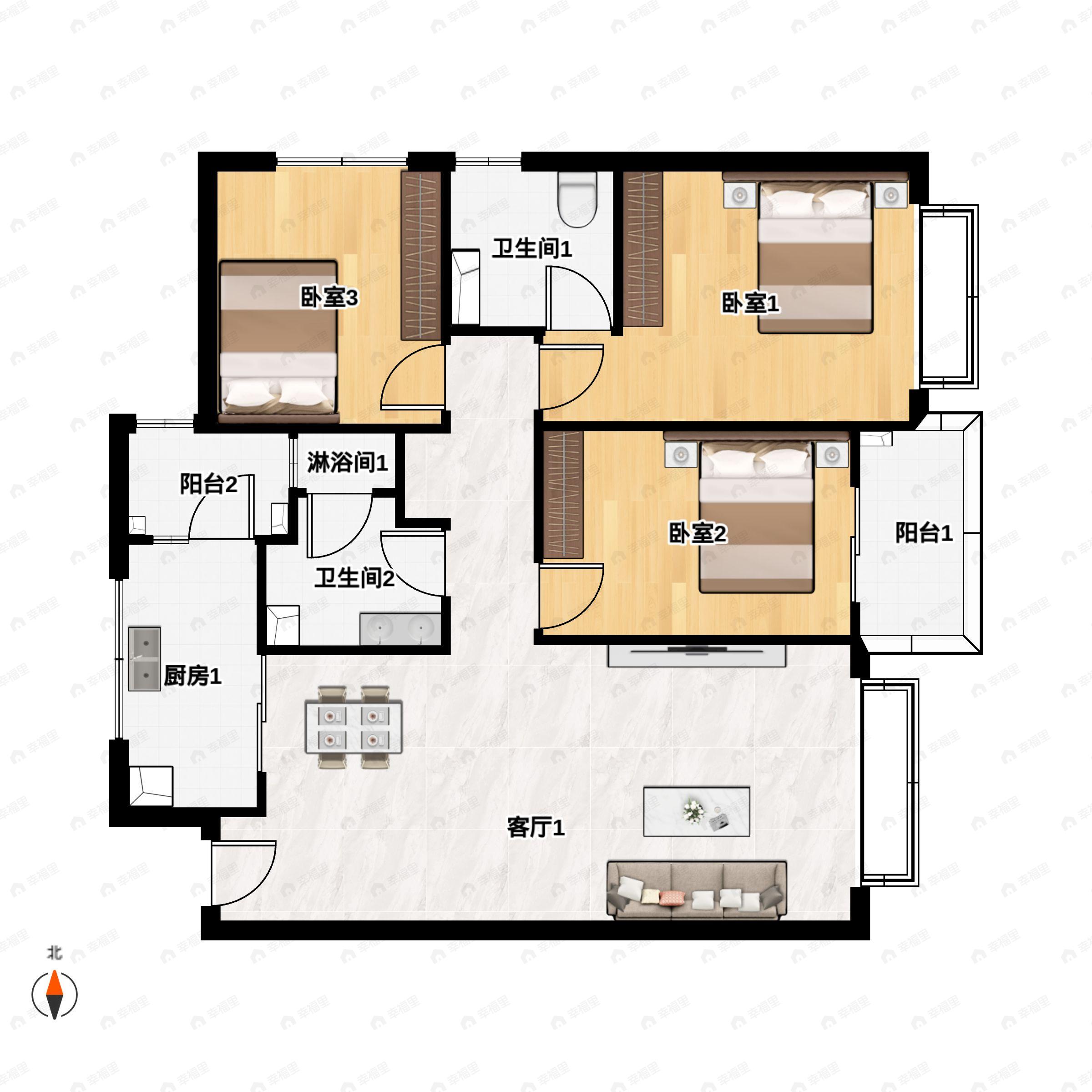3室1厅2卫建面121m²东户型图