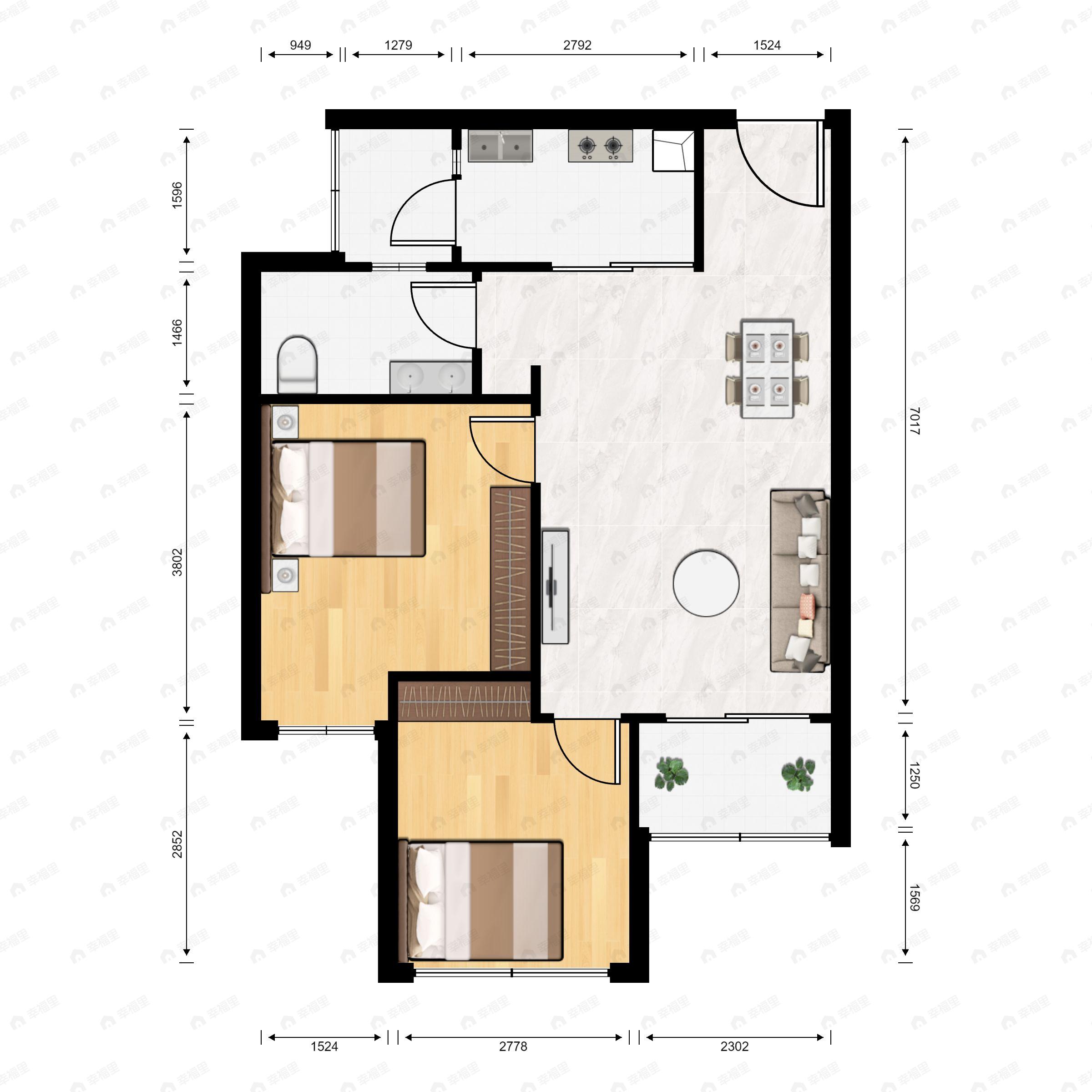 2室2厅1卫建面73平户型图