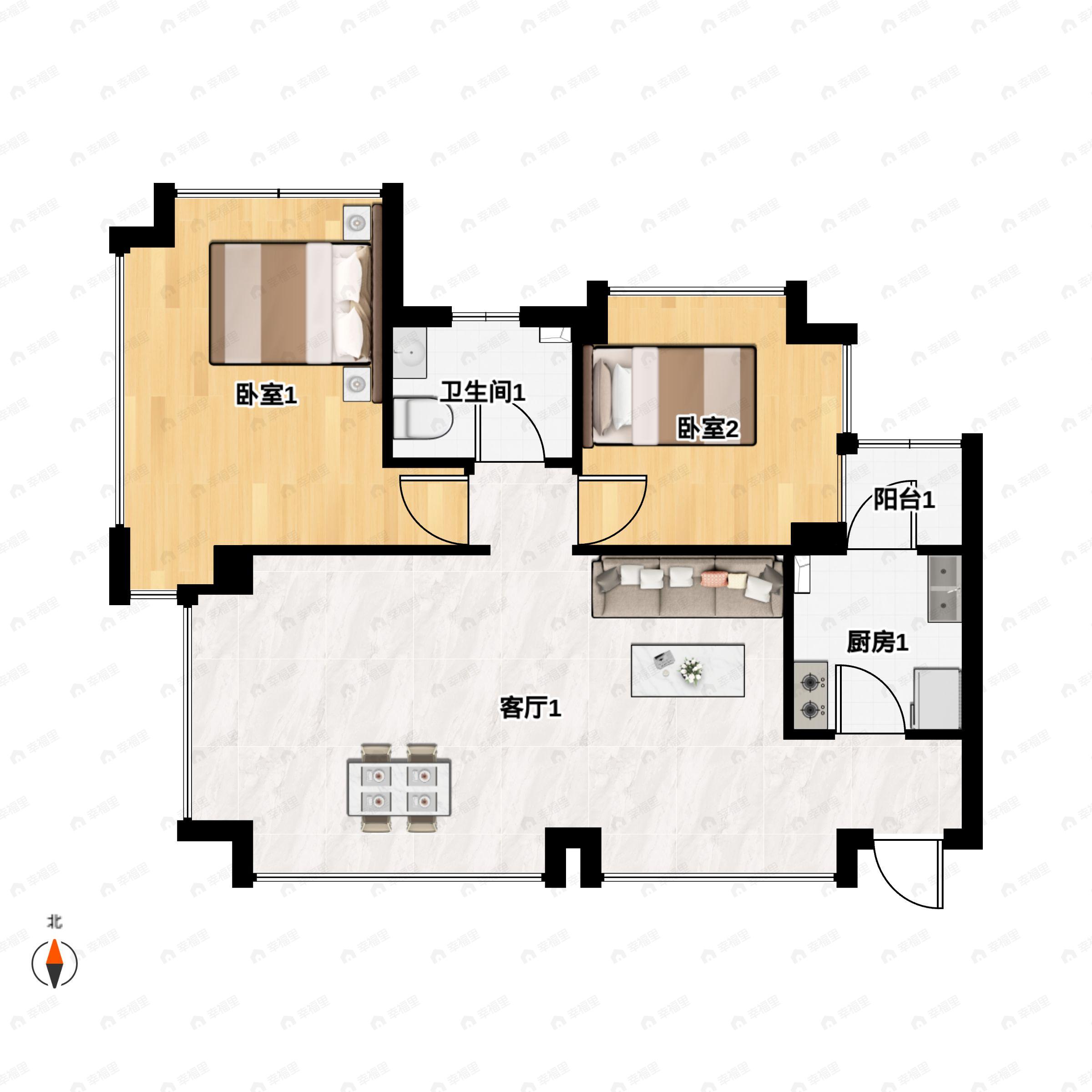 2室2厅1卫建面85m²南户型图
