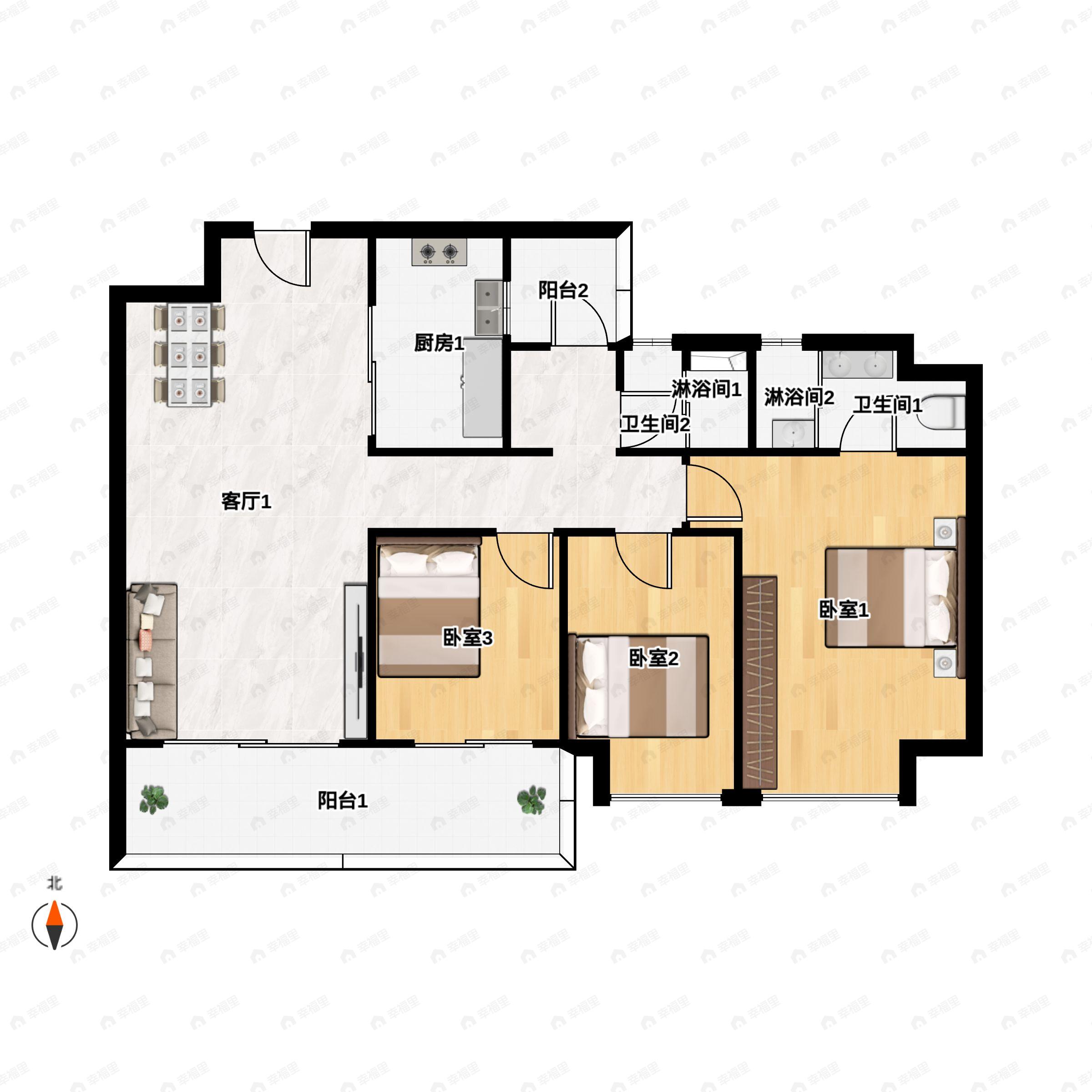 3室2厅2卫建面123平南户型图